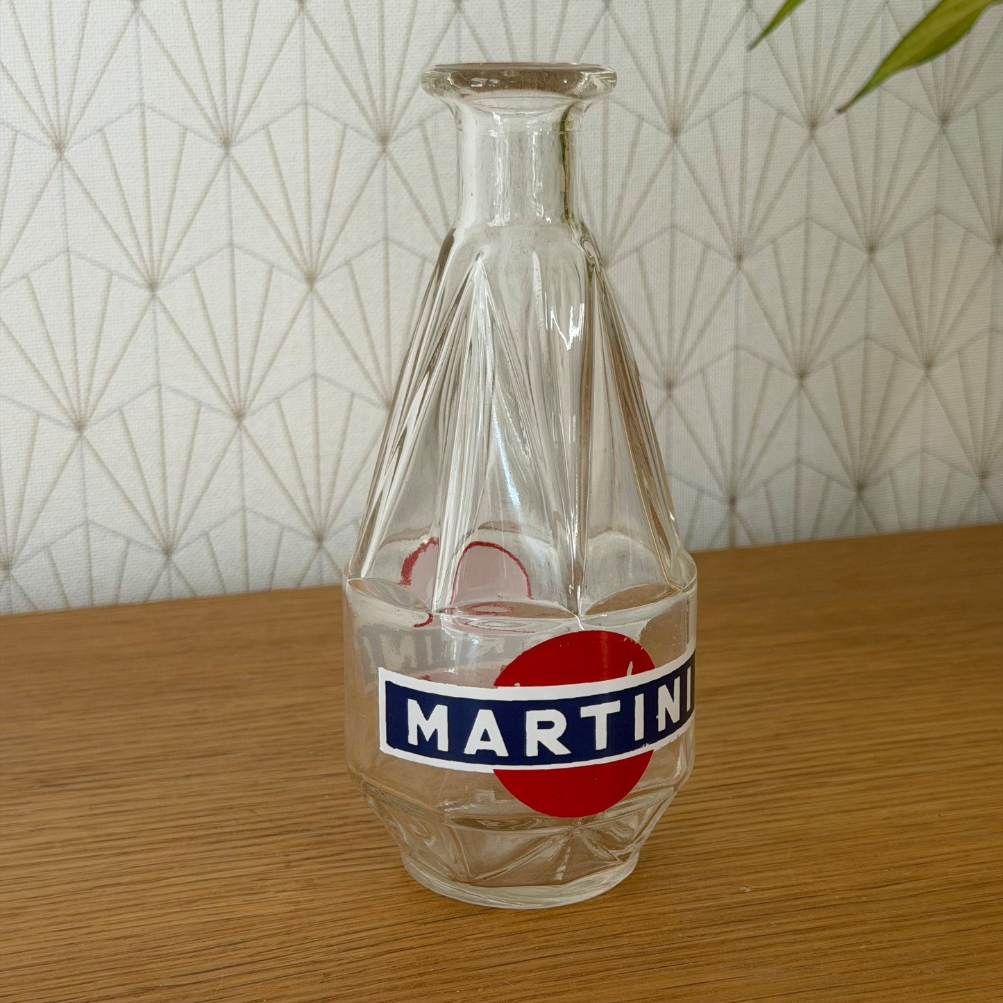 Side view vintage Martini glass carafe with distinctive angular pressed glass panels