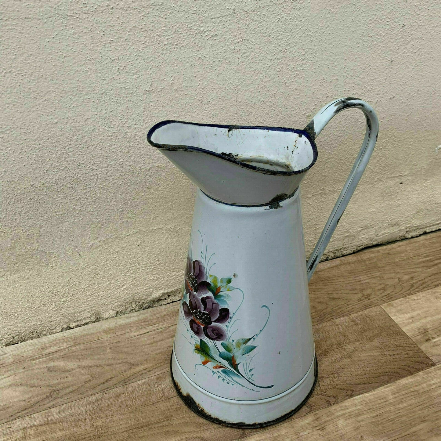 Vintage French Enamel pitcher jug water enameled white flowers 0604194 - Fleamarketfrance