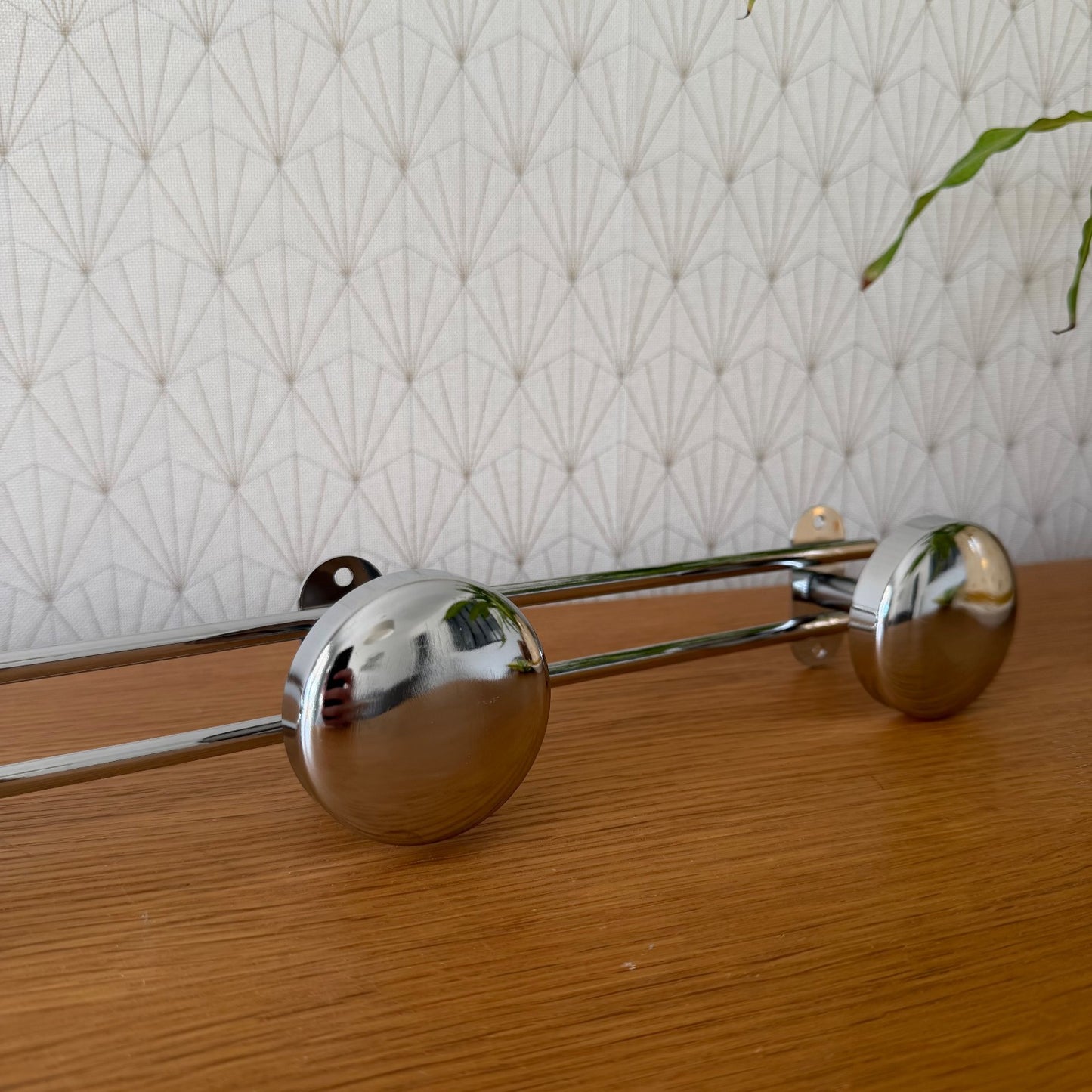 Side view of vintage chrome wall-mounted coat rack with four hooks and climbing plant accent