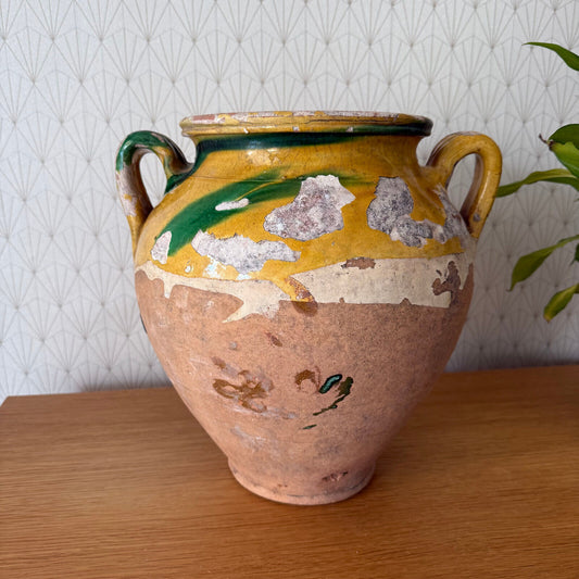 RARE BIG HANDMADE GLAZED YELLOW ANTIQUE FRENCH CONFIT POT TERRACOTTA 2302256 - Fleamarketfrance