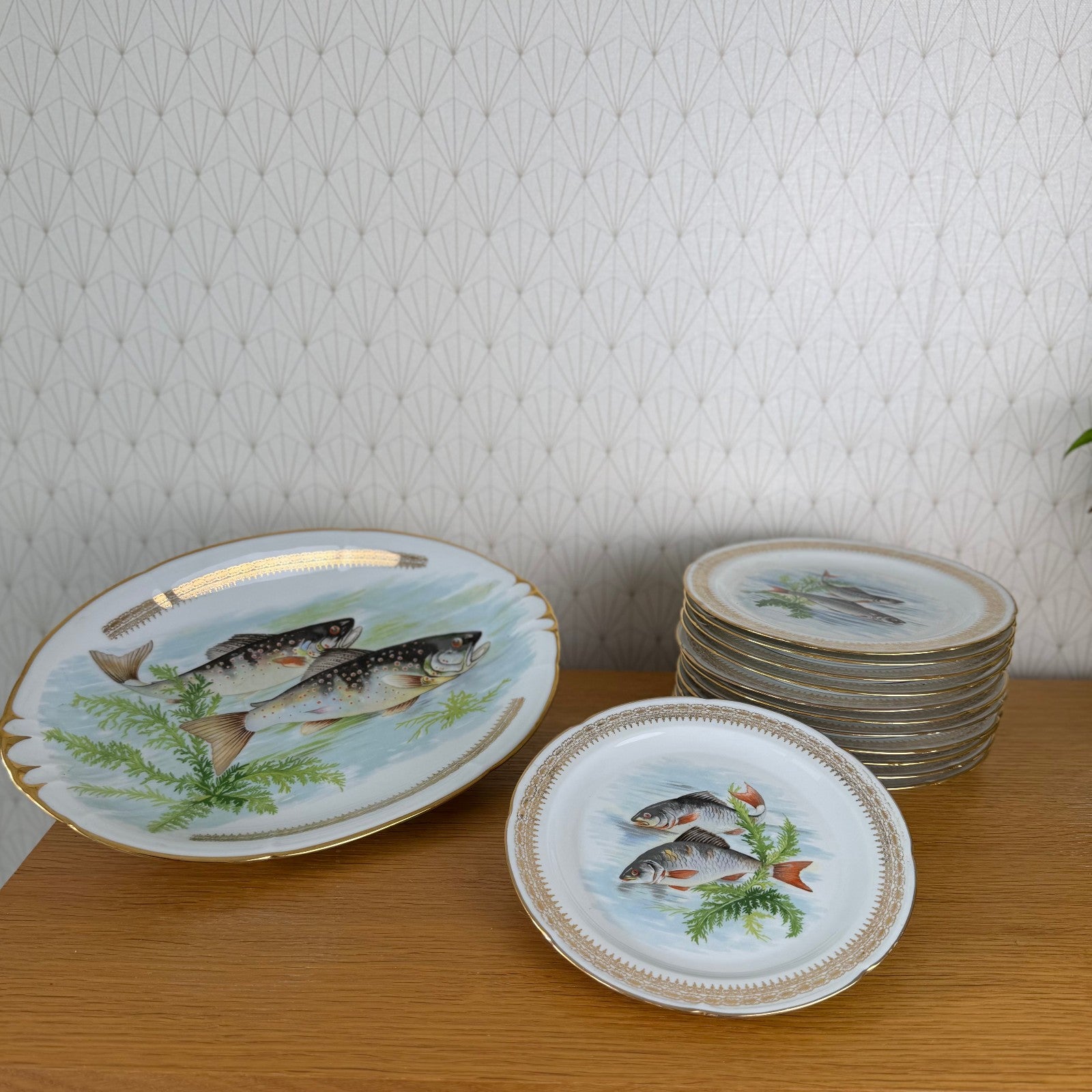 French Fish Plates Vintage Porcelain Set 12 Dinner Plates Serving Tray 2710254 Limoges