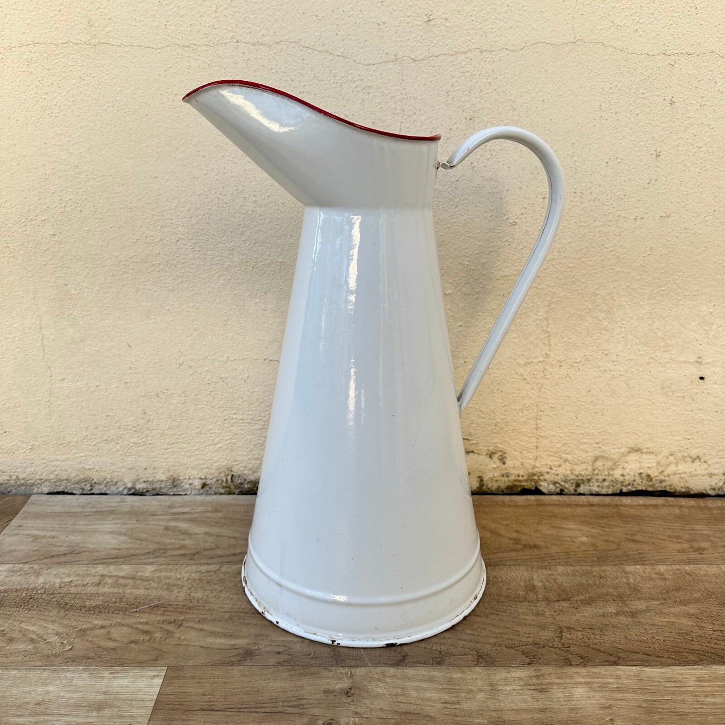 French Enamel Pitcher White Red Rim Vintage Water Jug Farmhouse 3011232 Fleamarketfrance