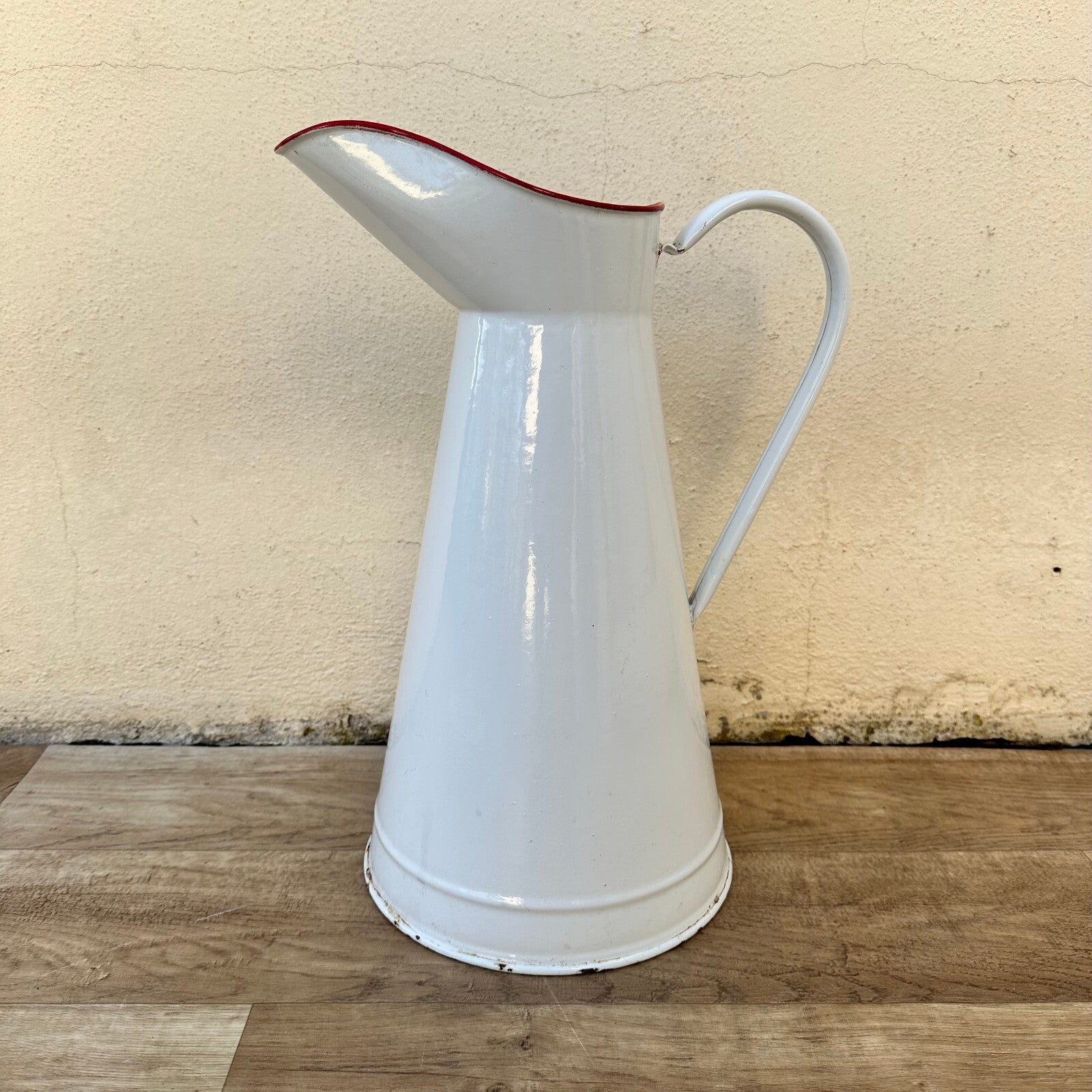 French Enamel Pitcher White Red Rim Vintage Water Jug Farmhouse 3011232 Fleamarketfrance