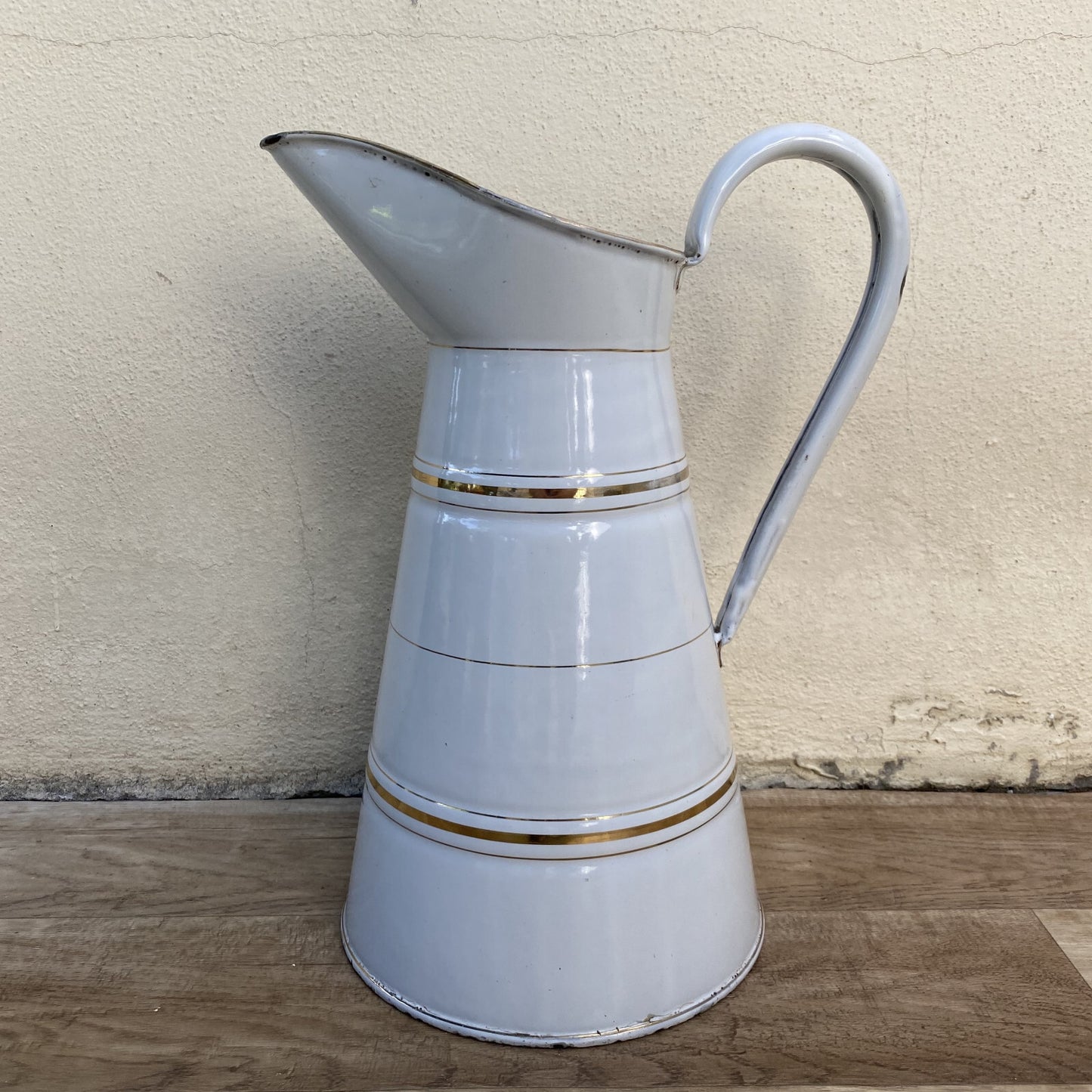 Vintage French Enamel Pitcher Jug Water Enameled White and Gold 2903253
