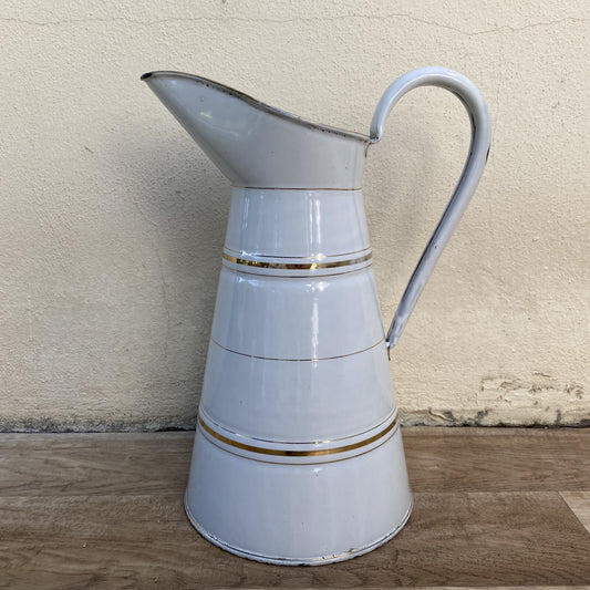 Vintage French Enamel Pitcher Jug Water Enameled White and Gold 2903253