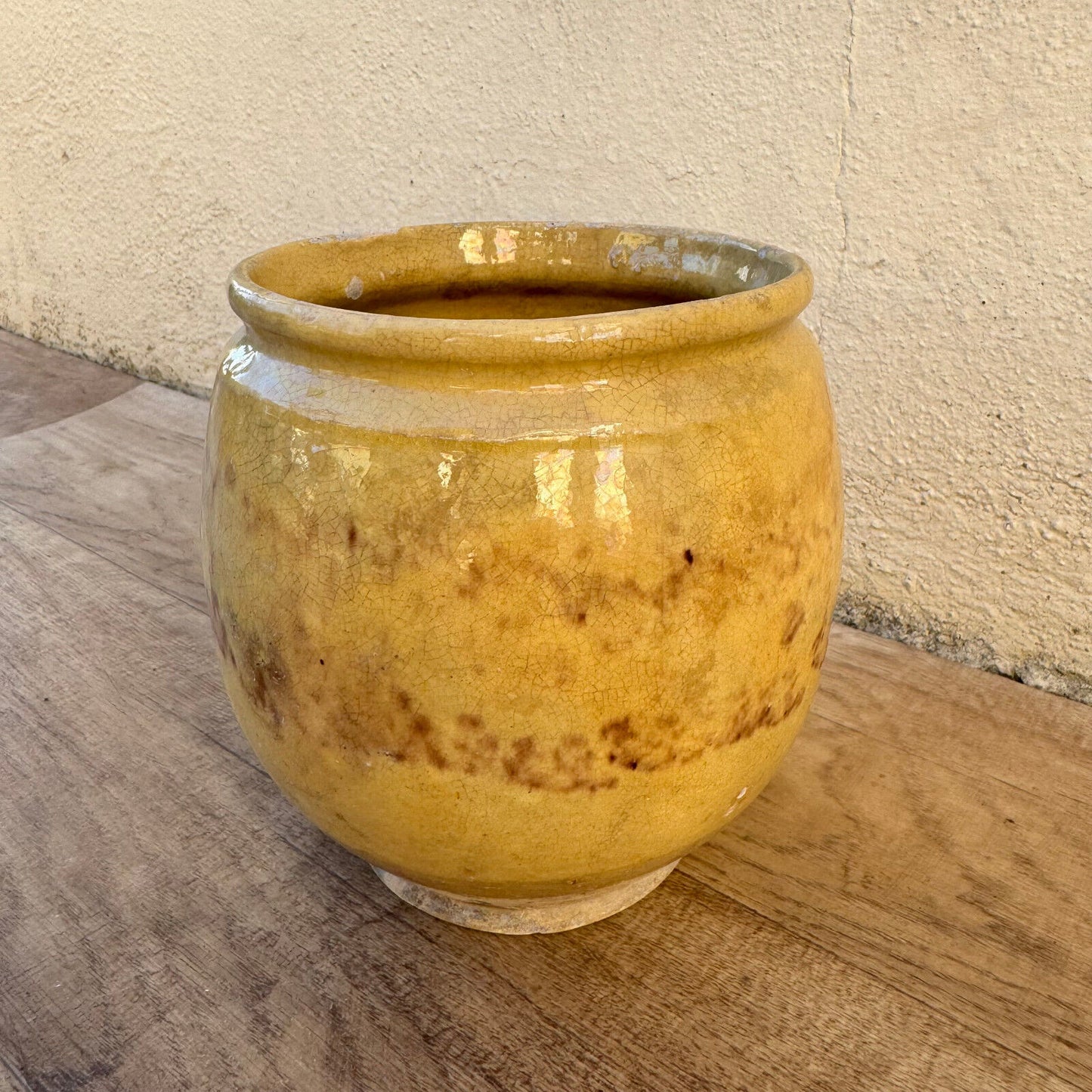 HANDMADE GLAZED BROWN YELLOW ANTIQUE FRENCH HONEY POT TERRACOTTA 1202255 - Fleamarketfrance