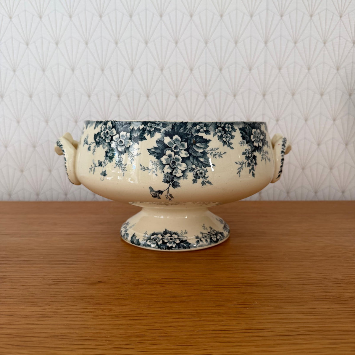 French transferware tureen with blue floral pattern, handles, and pedestal base from St Amand pottery