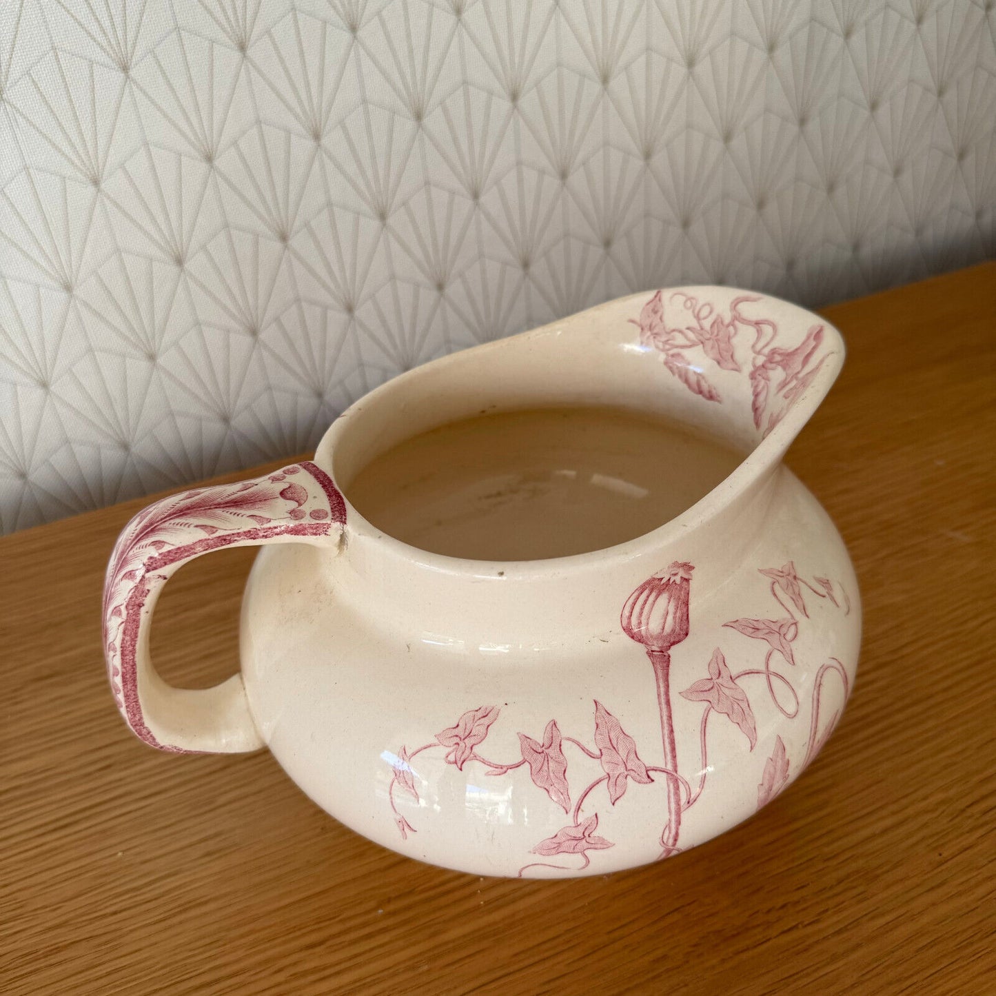 HANDMADE GLAZED WHITE PINK VINTAGE FRENCH PITCHER TERRACOTTA LONGCHAMP 0911248 - Fleamarketfrance