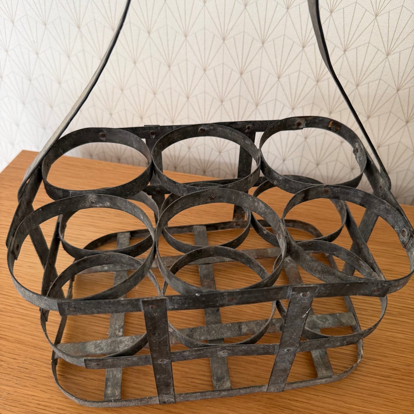 VINTAGE FRENCH Handmade Zinc Metalware 6 Bottle Wine Carrier Basket 08102512