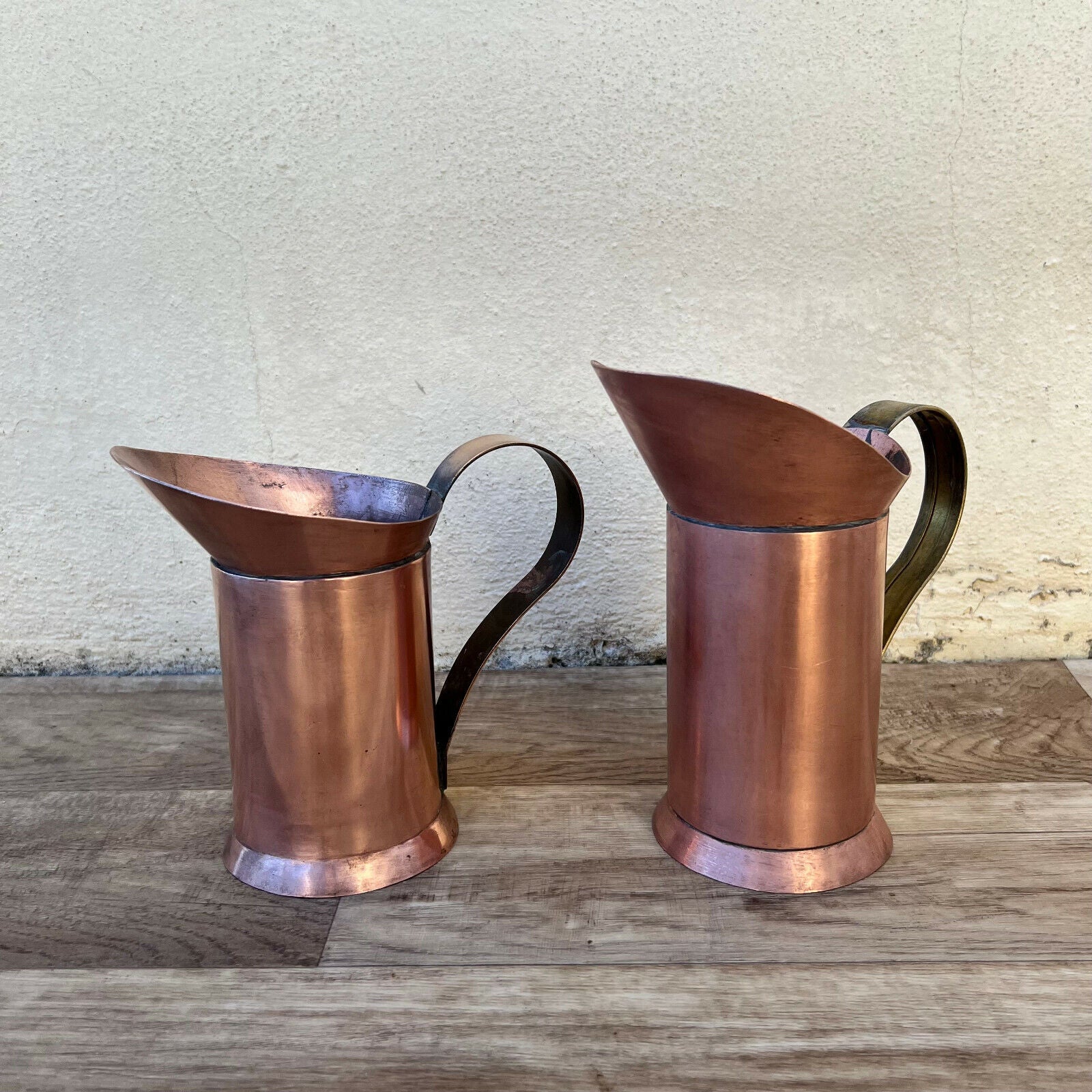 set of 2 Vintage French tiny Jug Pitcher Staved Copper 1203223 - Fleamarketfrance