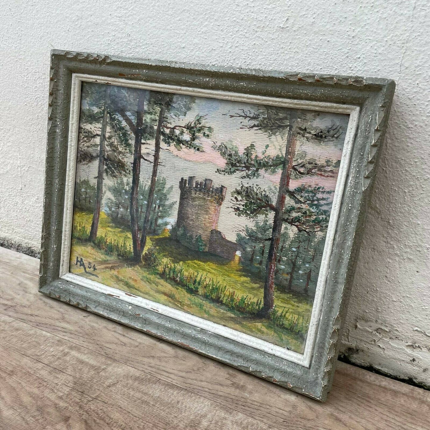 Vintage French Watercolor Castle Landscape Painting Signed HA54 15022120 Does Not Apply