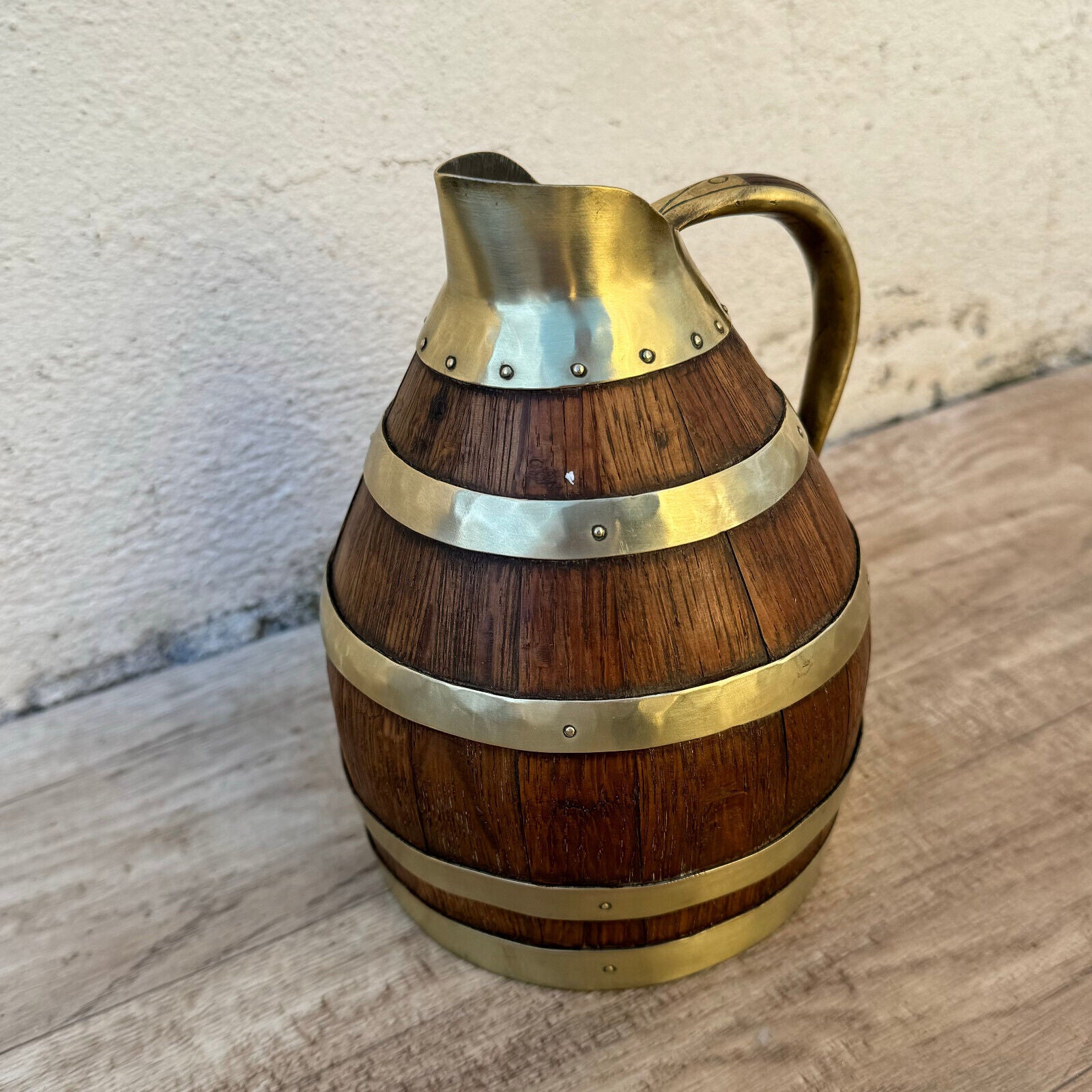 Vintage French Wooden Wine Cider Jug Pitcher Staved Wood Metal 6 3/4" 0405249 - Fleamarketfrance