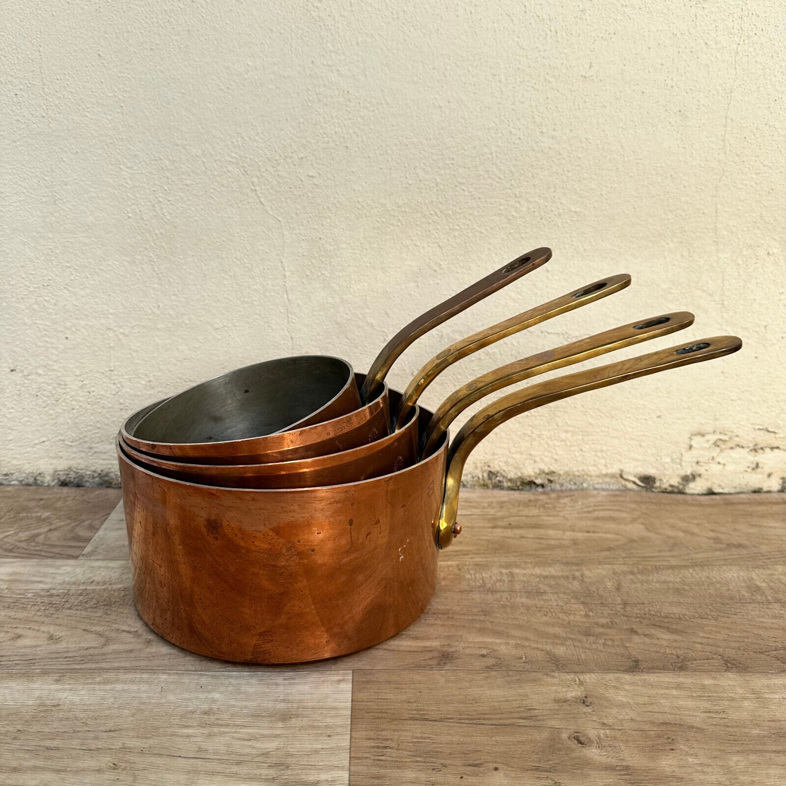 set of 4French copper pans brass handle 2mm made in France VILLEDIEU 2510234 - Fleamarketfrance