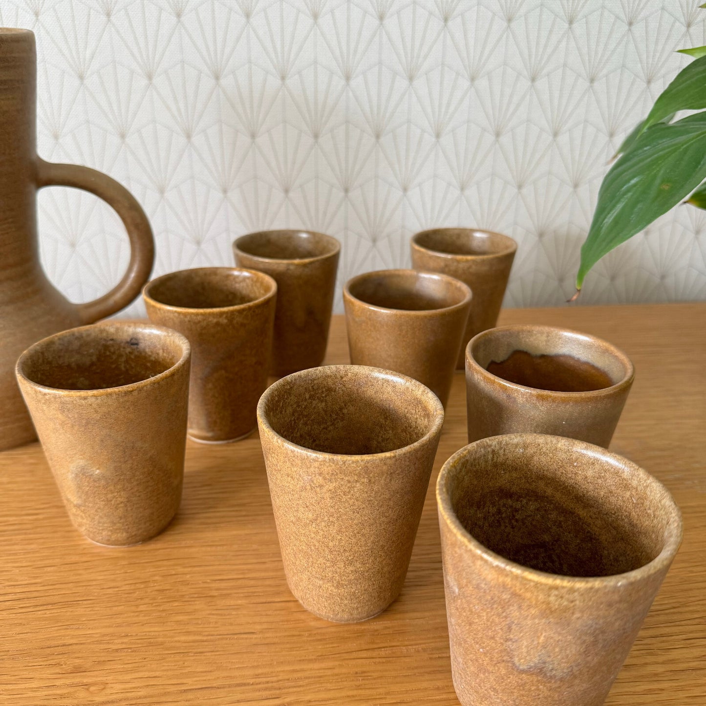 French Stoneware Pitcher Set Digoin Pottery 8 Cups Vintage 08082410 Digoin