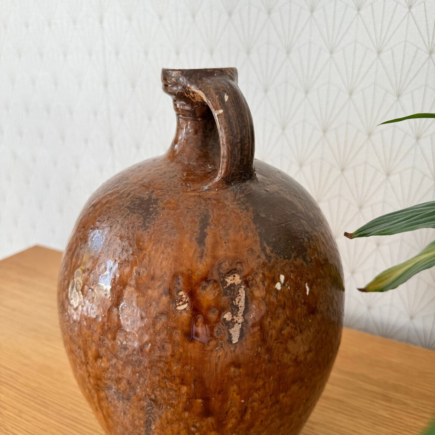 HANDMADE GLAZED BROWN ANTIQUE FRENCH STONEWARE JUG PITCHER 12 1/4" 15062413 - Fleamarketfrance