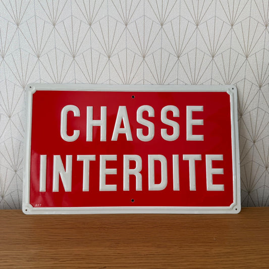French Enamel Chasse Interdite Sign Red White Hunting Plaque 1407265 Fleamarketfrance