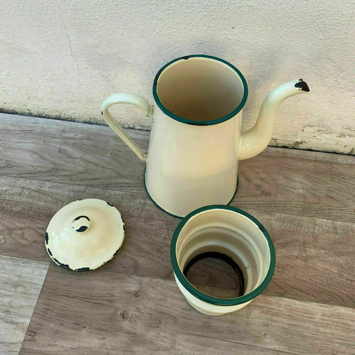 French Enamel Coffee Pot White Green Trim Vintage Enamelware 09041920 Fleamarketfrance