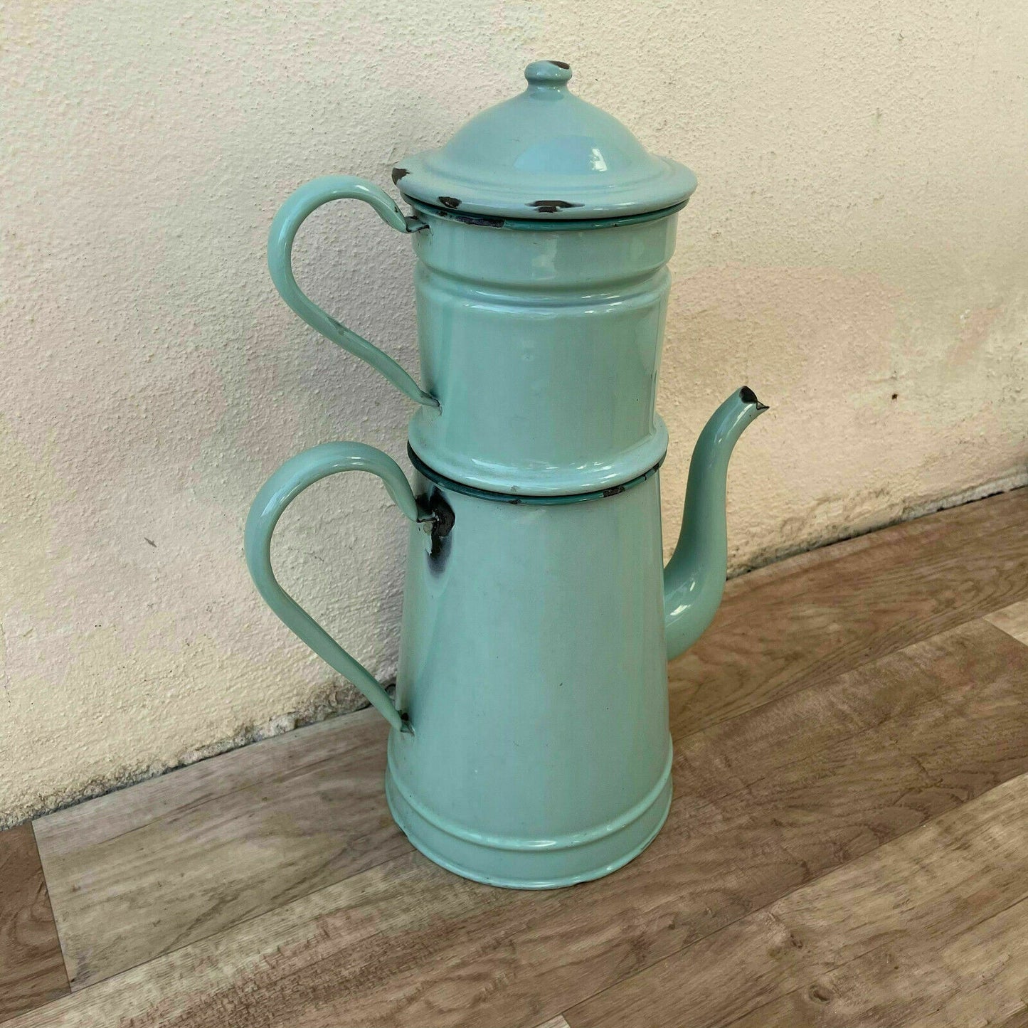 Vintage French Enamelware Coffee Pot Green 2-Tier 41cm Tall 1804212 Fleamarketfrance