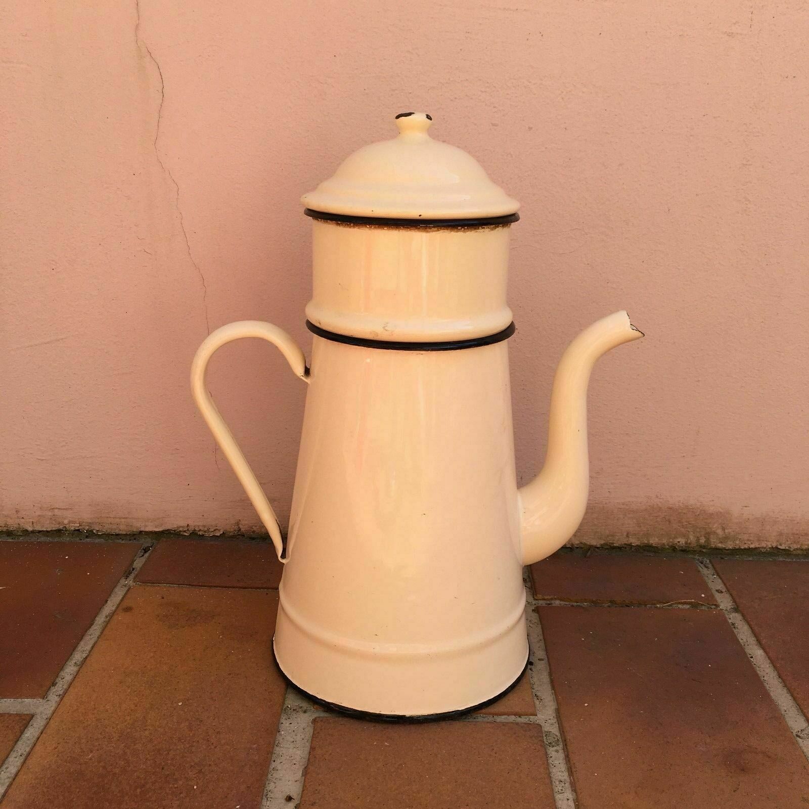 Nice Vintage French Enamelware beige Enamel Coffee Pot - Fleamarketfrance