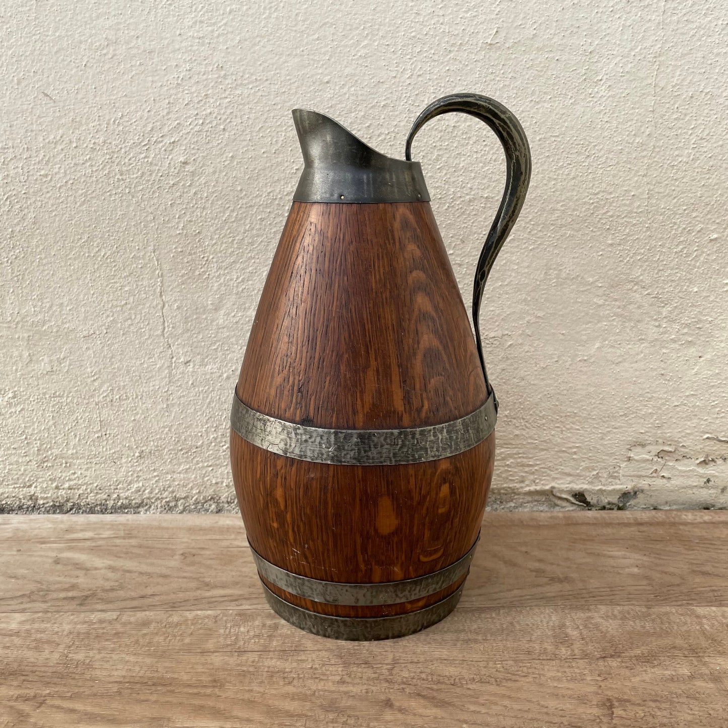 Antique French Wooden Wine Pitcher Staved Wood Metal Cider Jug 11.5" 1303251 Fleamarketfrance