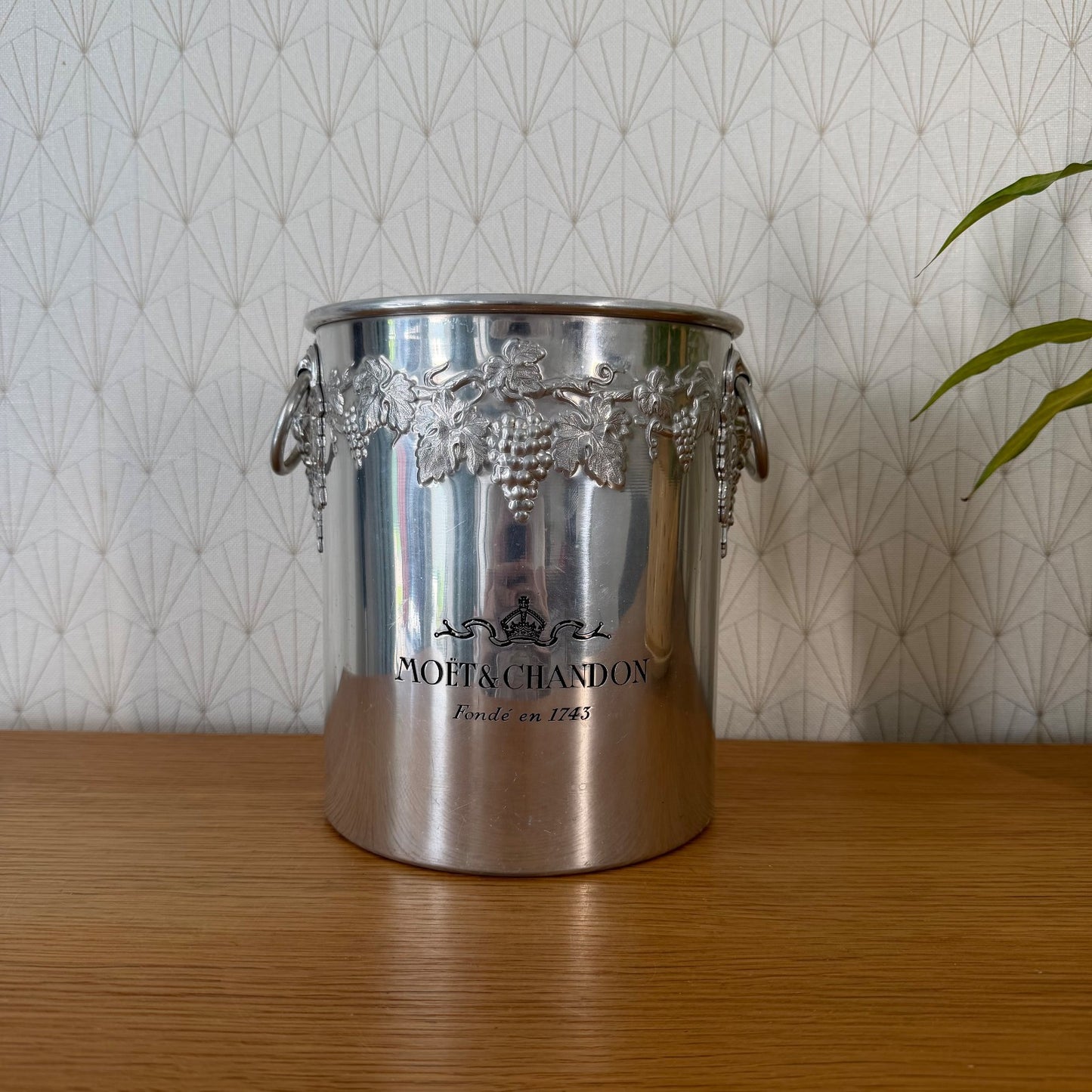 Front view of Moet Chandon ice bucket showing bold lettering and crown logo with Fonde en 1743