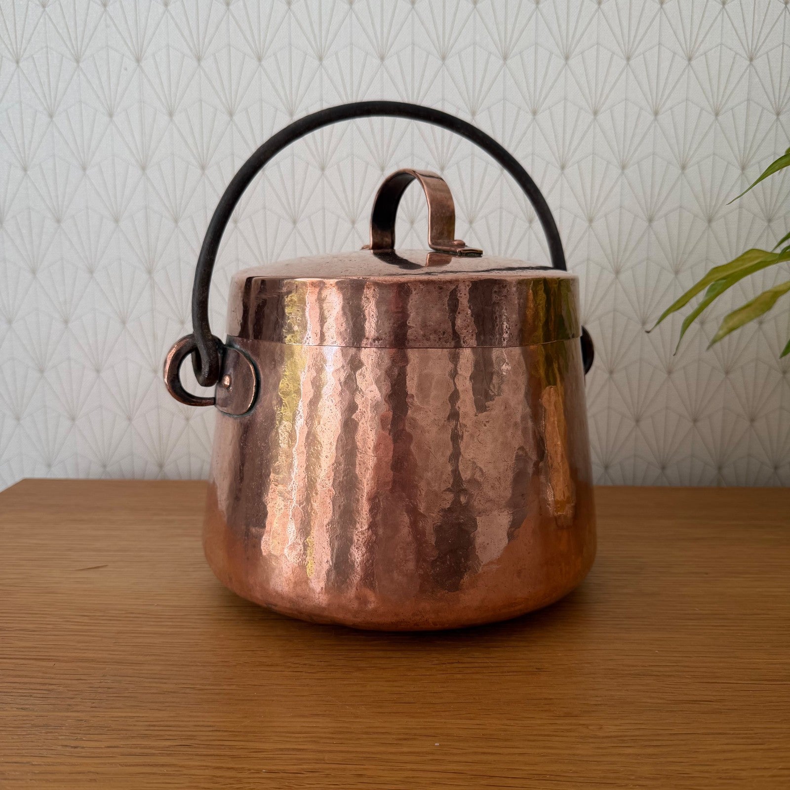 Vintage French hammered copper cauldron with black iron handle and decorative brass feet
