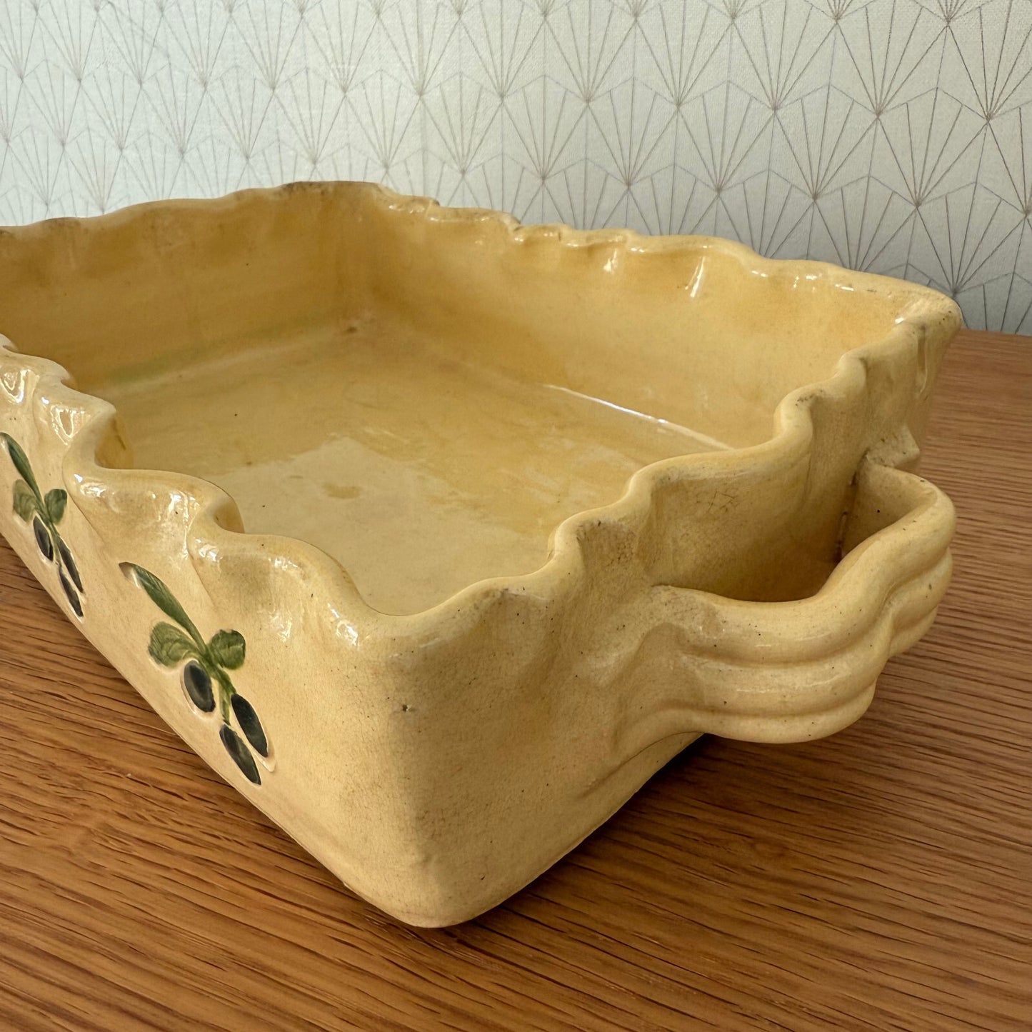 French Pottery Gratin Dish Yellow Olive Pattern Vintage Bakeware 0911246 Unbranded