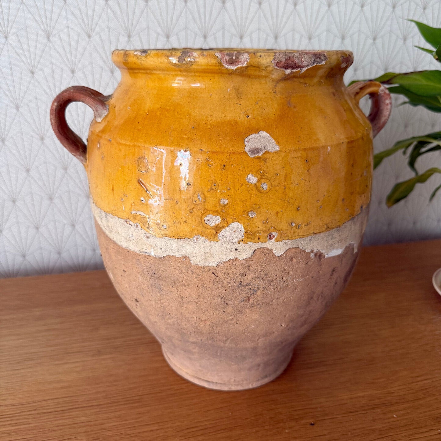 RARE BIG HANDMADE GLAZED YELLOW ANTIQUE FRENCH CONFIT POT TERRACOTTA 2302257 - Fleamarketfrance