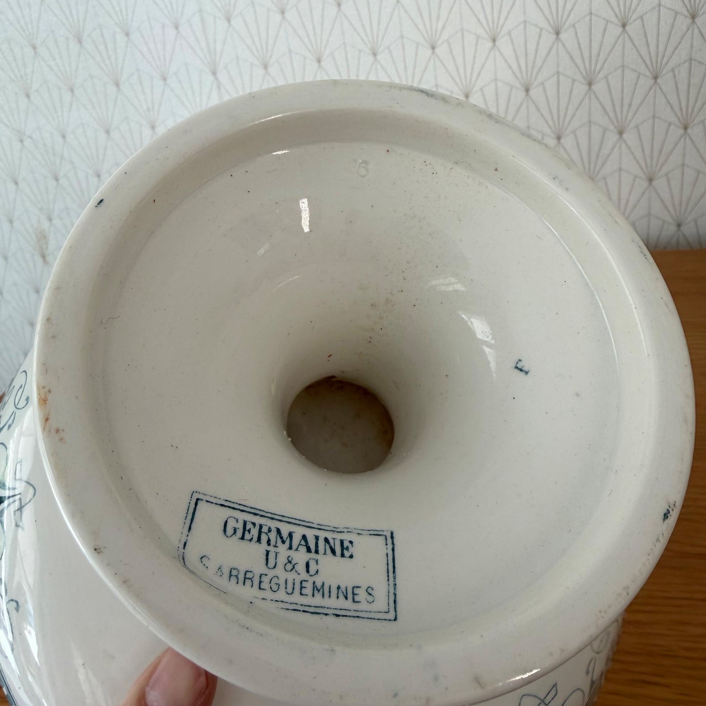 French Antique Sarreguemines Compote Pedestal Bowl Blue White 14072611