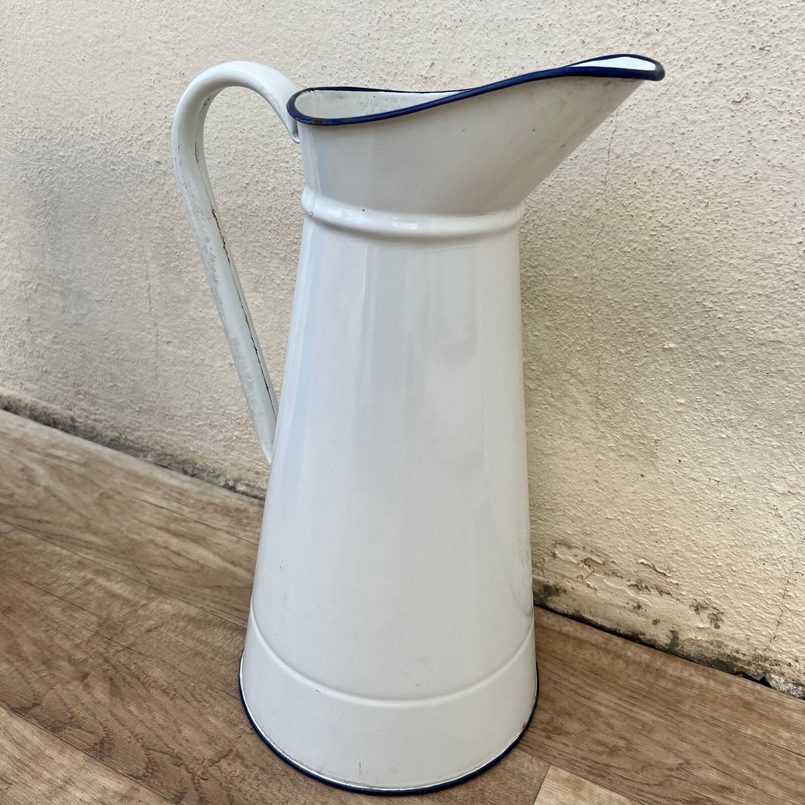 French Enamel Pitcher White Blue Rim Water Jug Antique 37cm 1512245 Fleamarketfrance