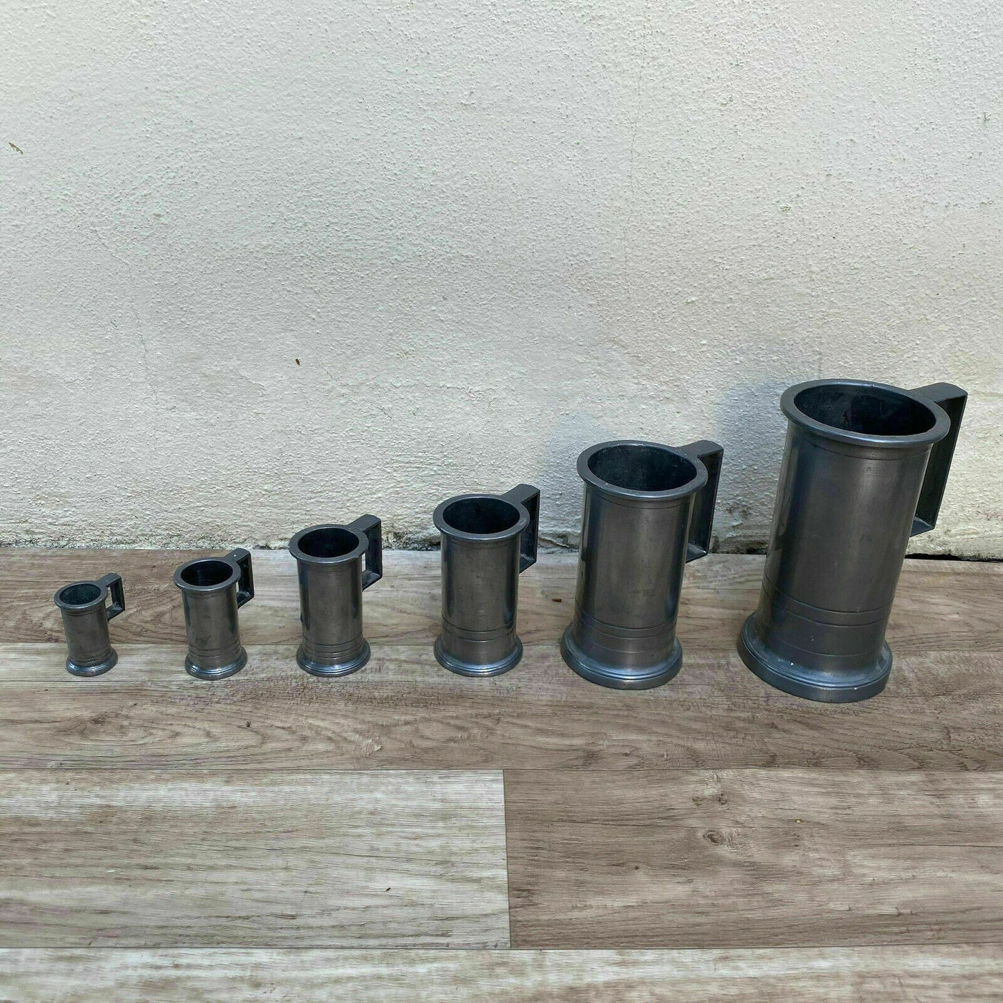 French Pewter Measures Set 6 Vintage Tin Liquid Pitchers Kitchen 0410199 Does Not Apply