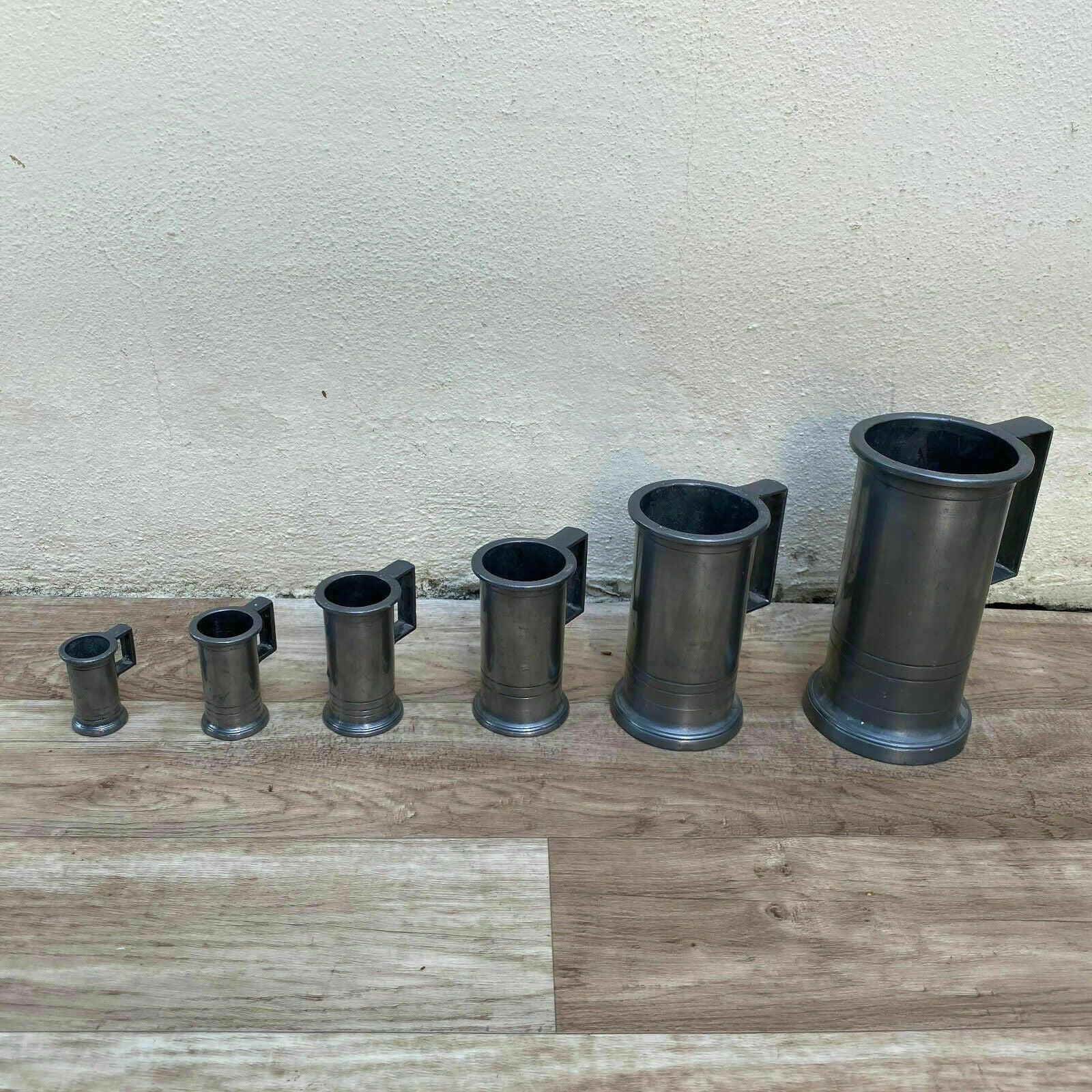 French Pewter Measures Set 6 Vintage Tin Liquid Pitchers Kitchen 0410199 Does Not Apply