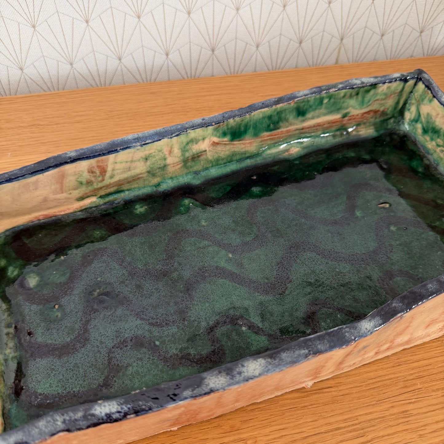 French Artist Studio Pottery Tray Green Glaze Handmade Vintage 1408269 Fleamarketfrance