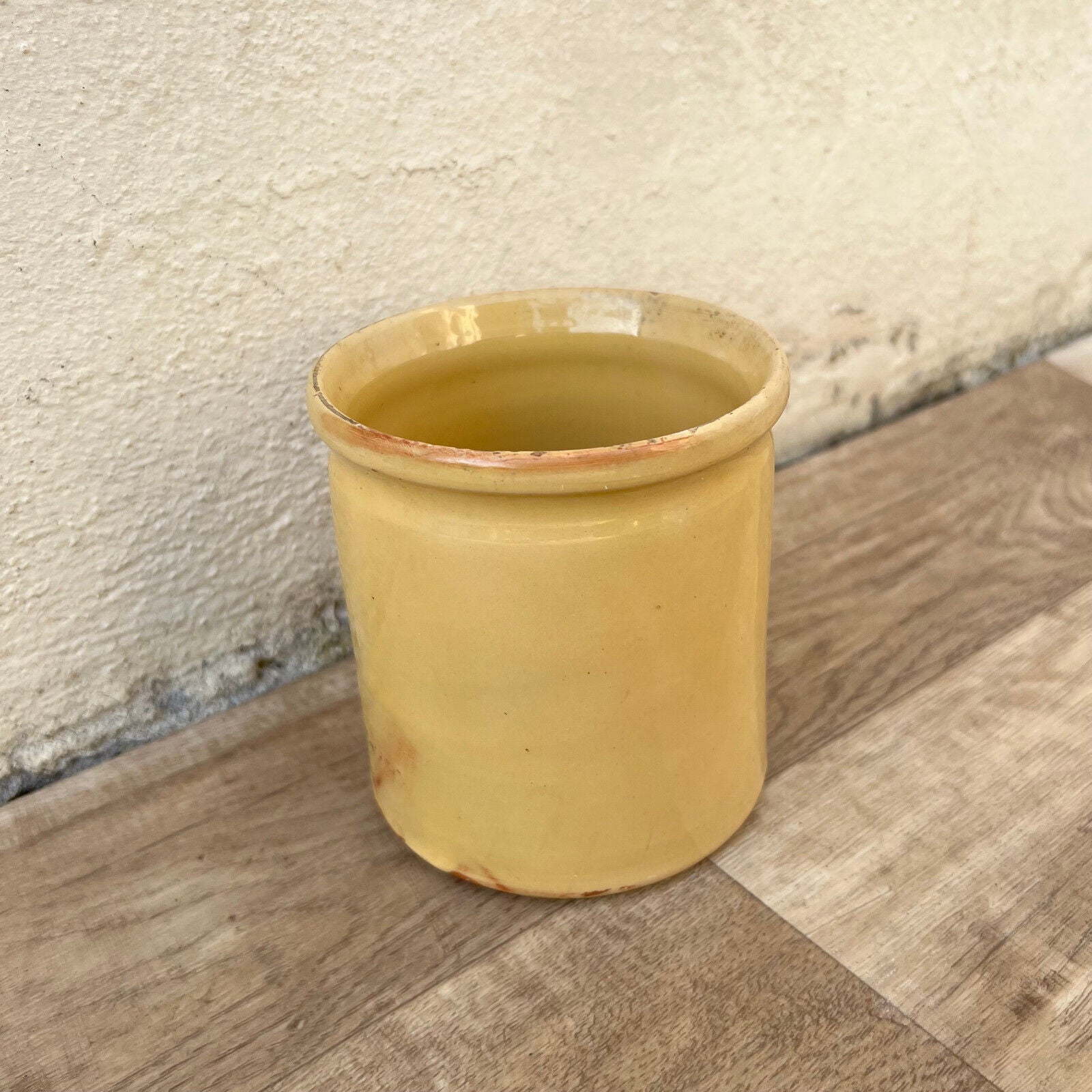 HANDMADE GLAZED YELLOW ANTIQUE FRENCH CONFIT JAM POT 4 3/4" TERRACOTTA  12102410 - Fleamarketfrance