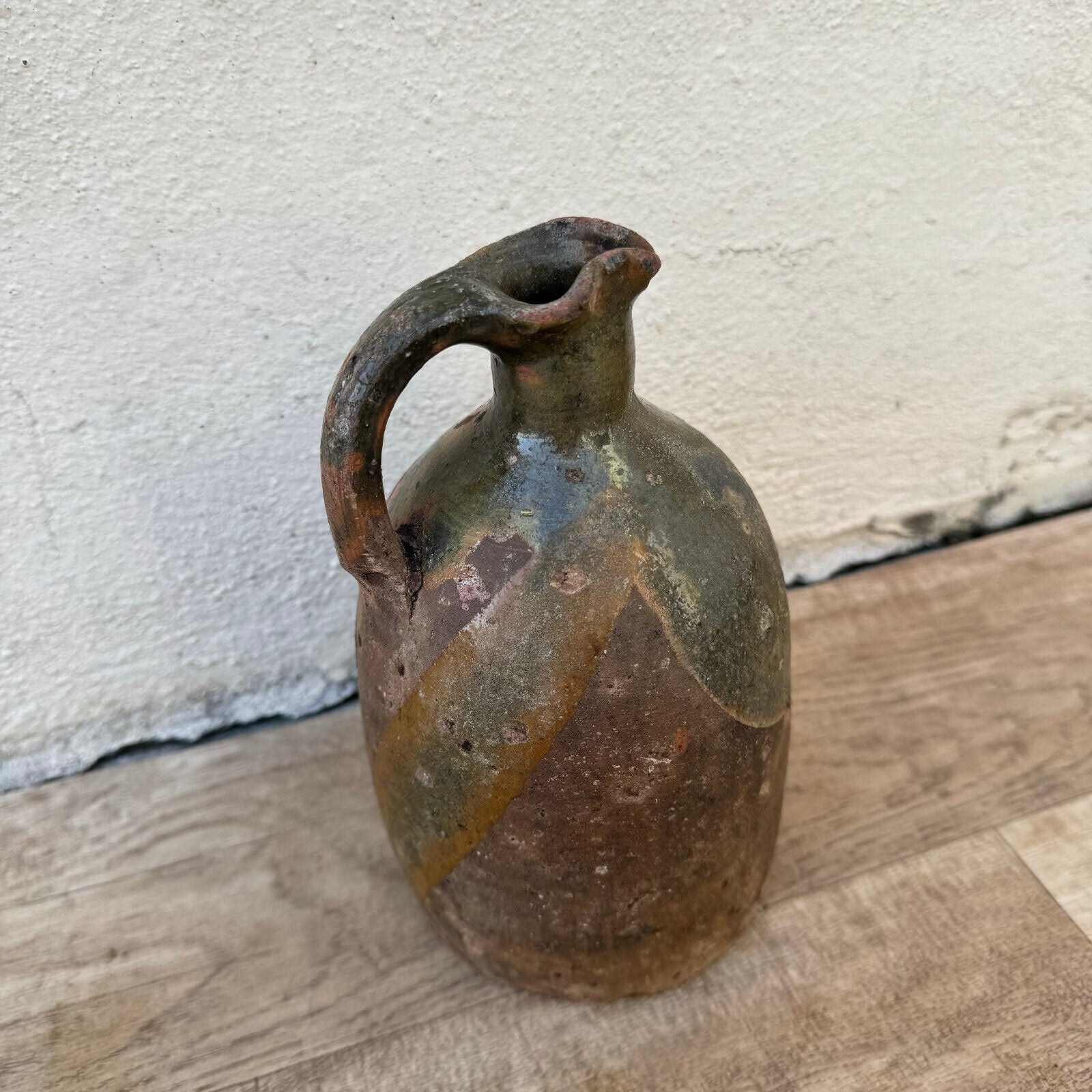 ANTIQUE HANDMADE GLAZED BEIGE BROWN FRENCH TERRA COTTA JUG PITCHER 06022416 - Fleamarketfrance