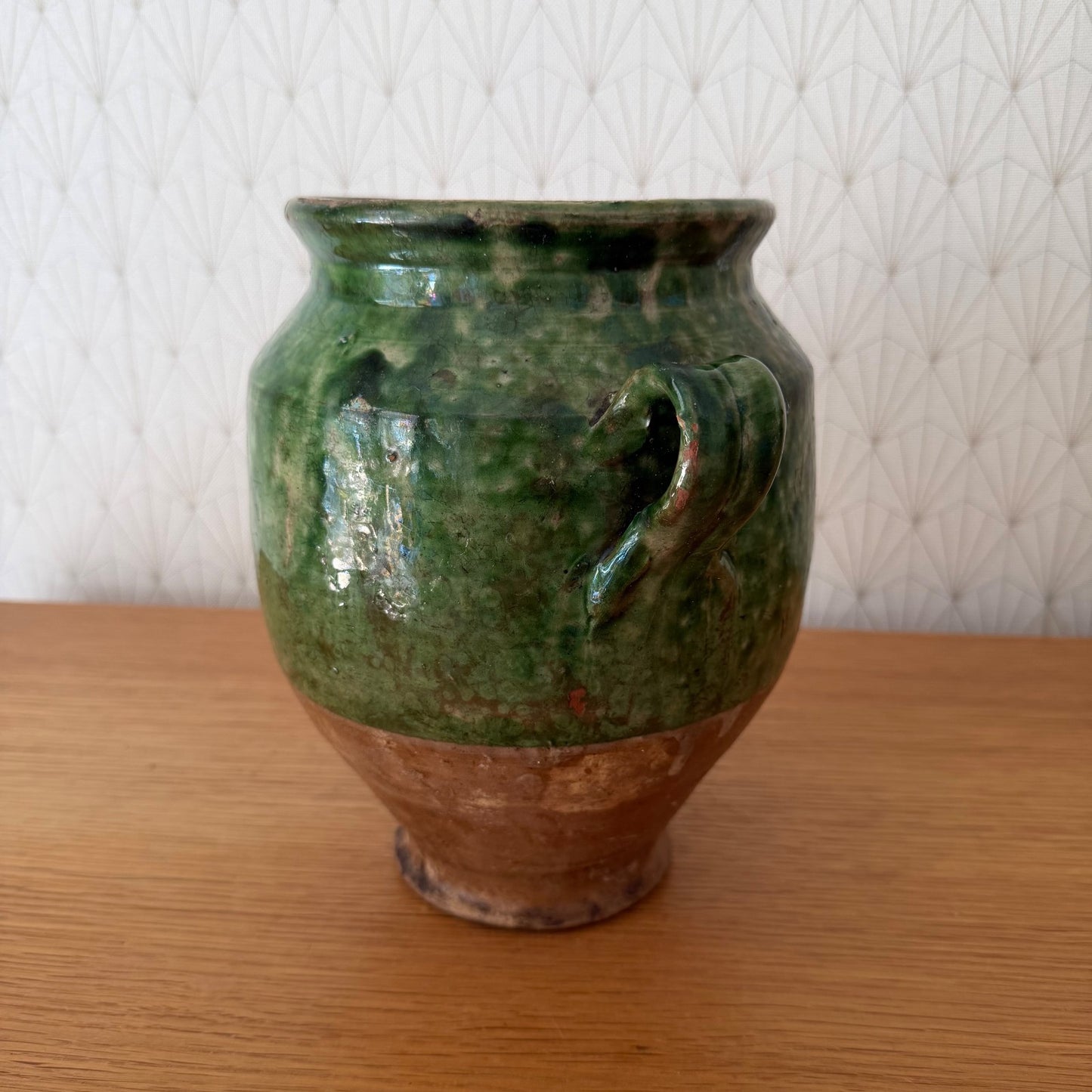 Antique French Confit Pot Green Glazed Terra Cotta 2-Handle 1908268 Unmarked