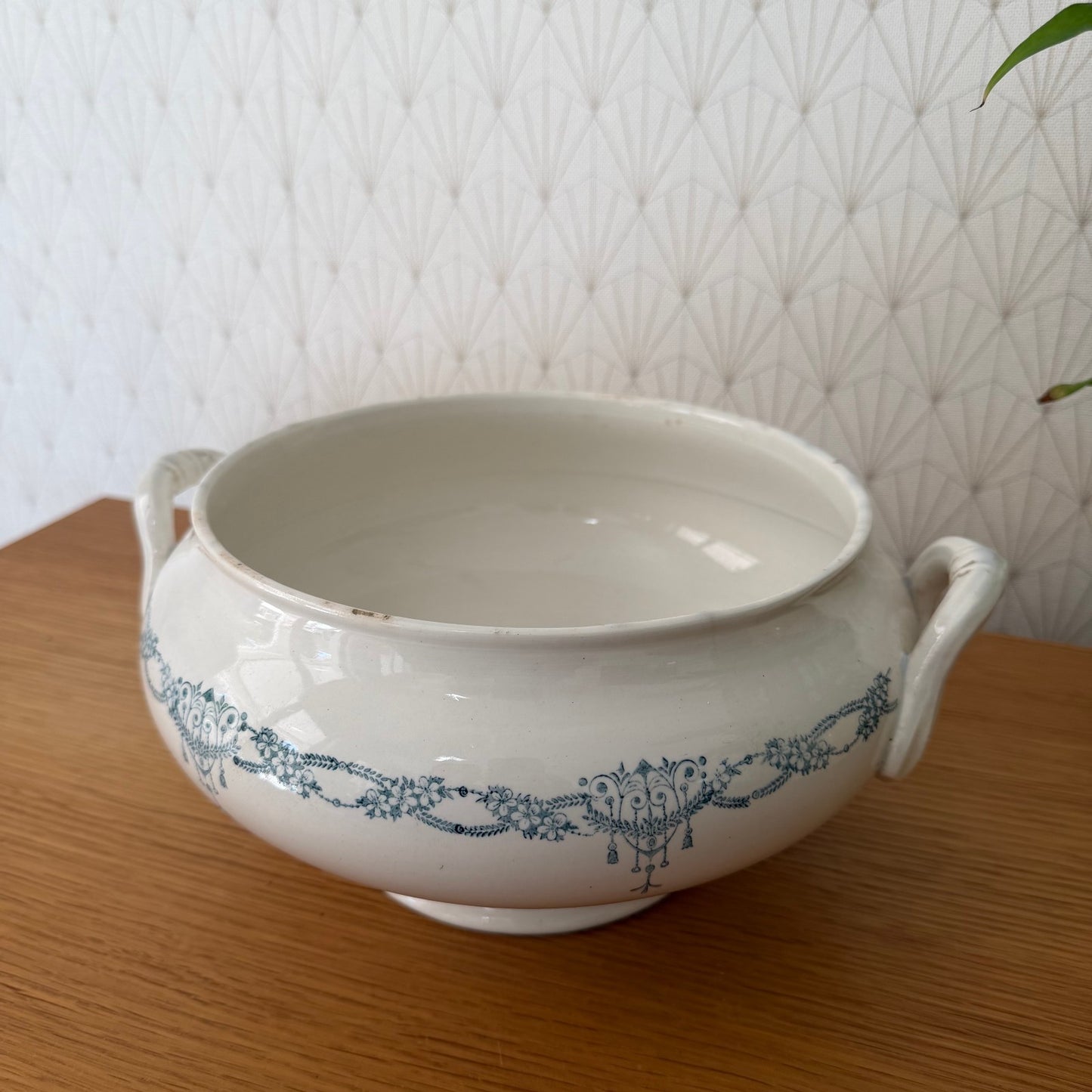 French Tureen Earthenware White Blue Fruits Bowl Terre De Fer GIVORS 2409254 Fleamarketfrance : French vintage and antique decor