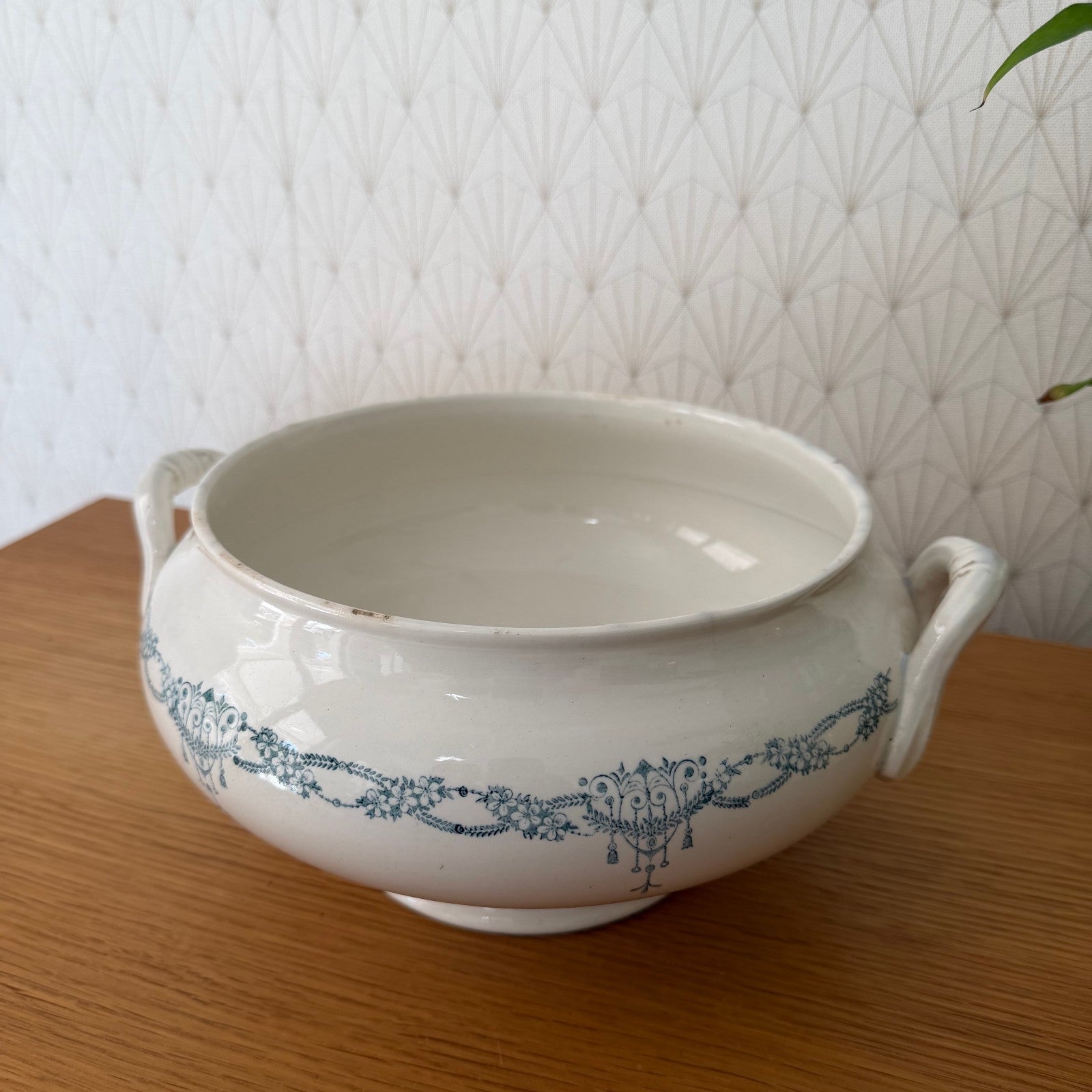 French Tureen Earthenware White Blue Fruits Bowl Terre De Fer GIVORS 2409254 Fleamarketfrance : French vintage and antique decor