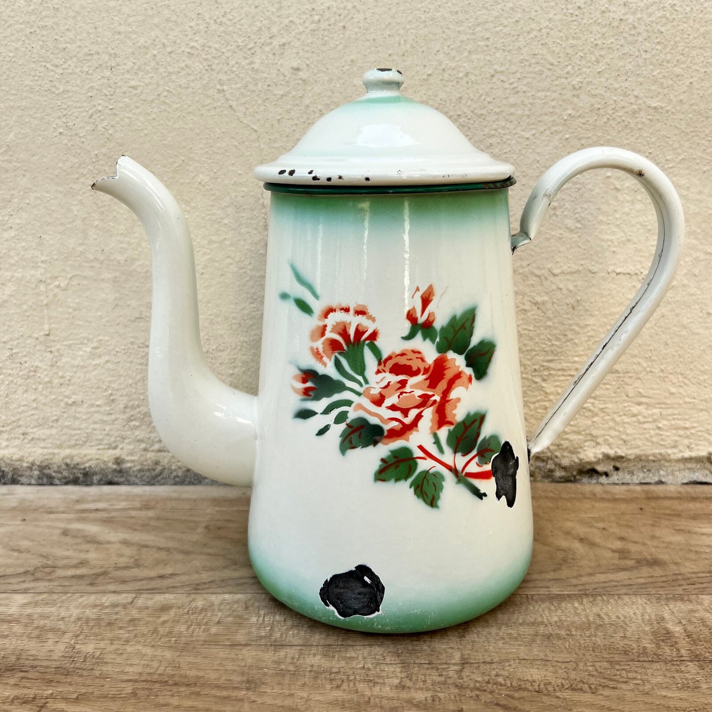 French Enamel Coffee Pot Rose Floral Vintage Green White 26052216 White