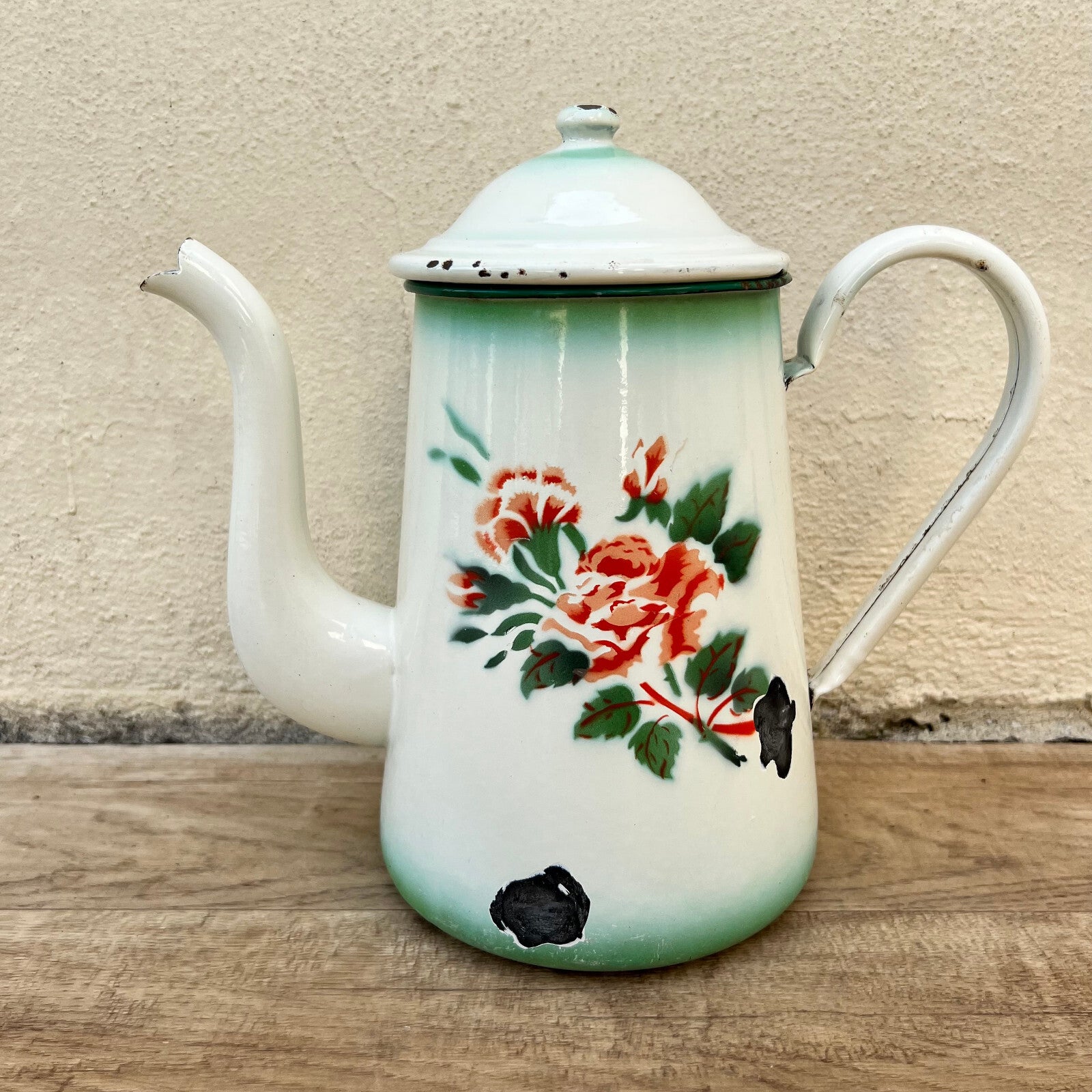 French Enamel Coffee Pot Rose Floral Vintage Green White 26052216 White