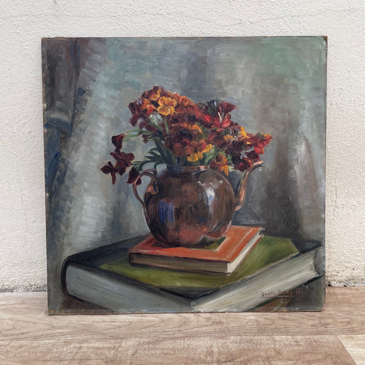 French Still Life Painting Flowers Teapot Books Signed Dante Donelli 1703251 Fleamarketfrance