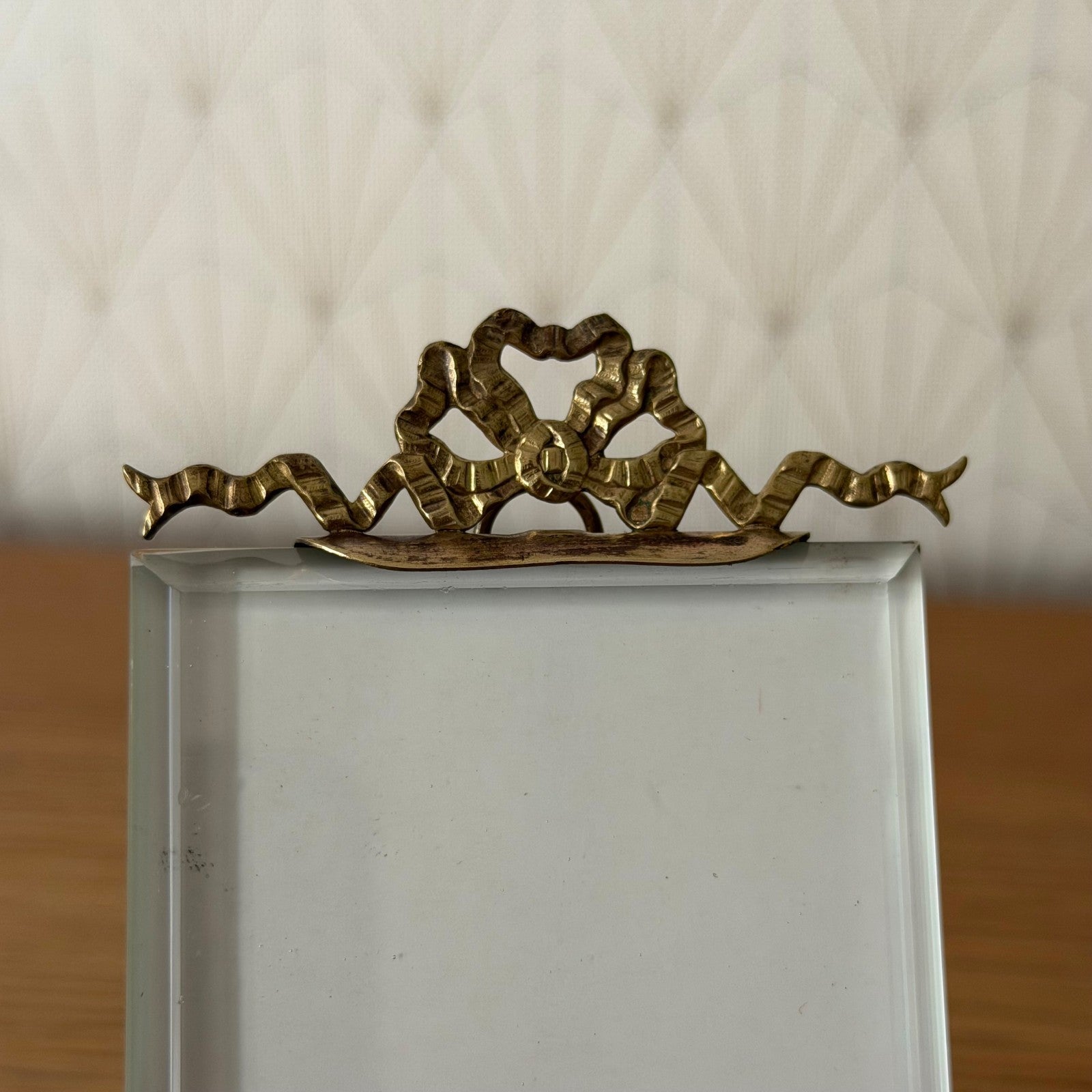 French Vintage Brass Photo Frame Ribbon Bow Beveled Glass Standing 27062613 Fleamarketfrance