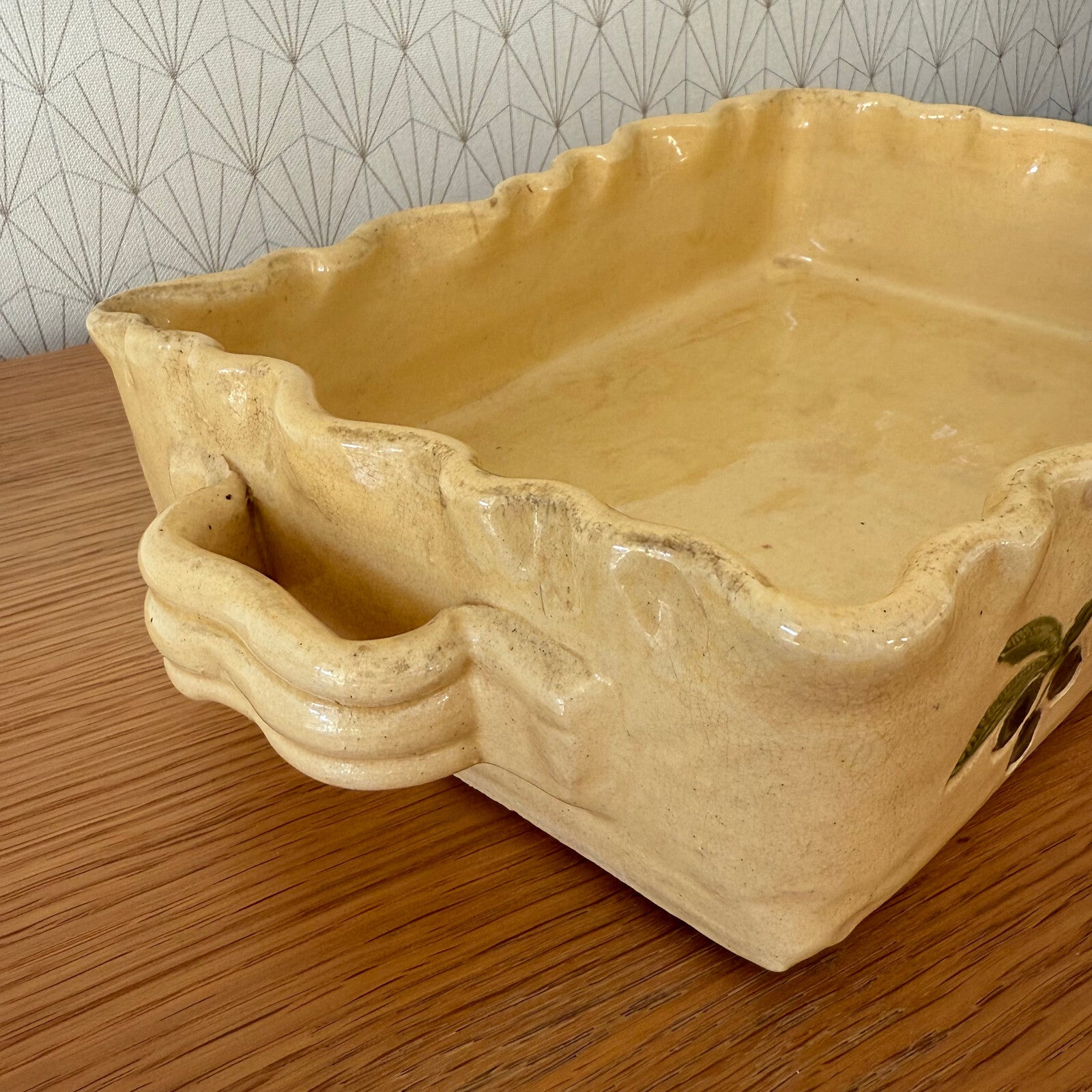 French Pottery Gratin Dish Yellow Olive Pattern Vintage Bakeware 0911246 Unbranded