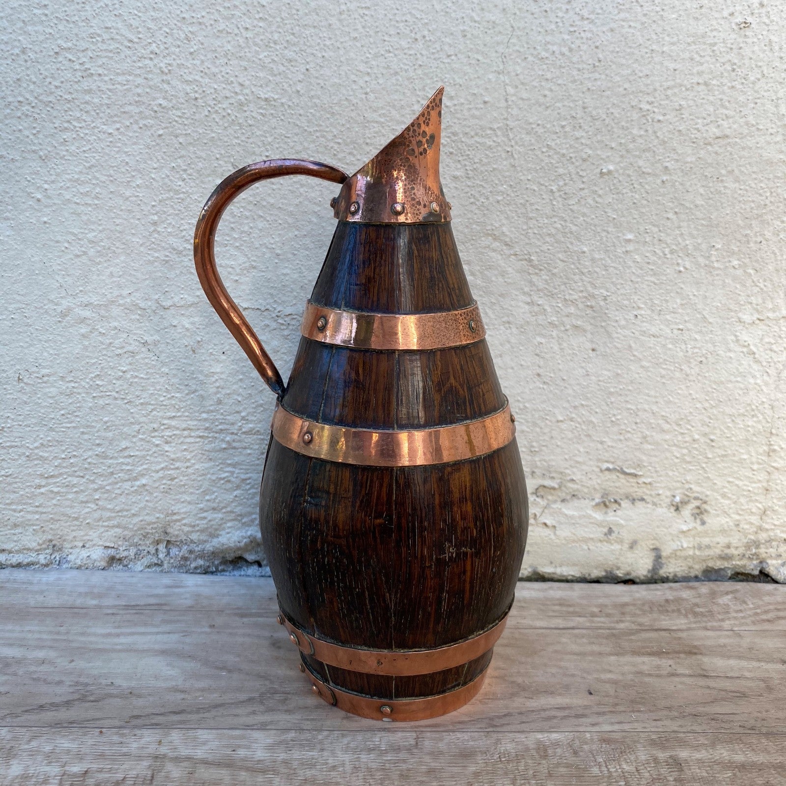 Antique French Oak Staved Wood Wine Pitcher Copper Bands Cider Jug 07072611 Fleamarketfrance