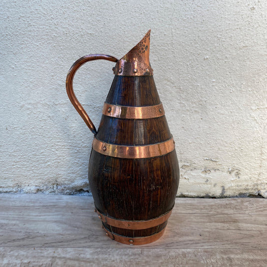 Antique French Oak Staved Wood Wine Pitcher Copper Bands Cider Jug 07072611 Fleamarketfrance