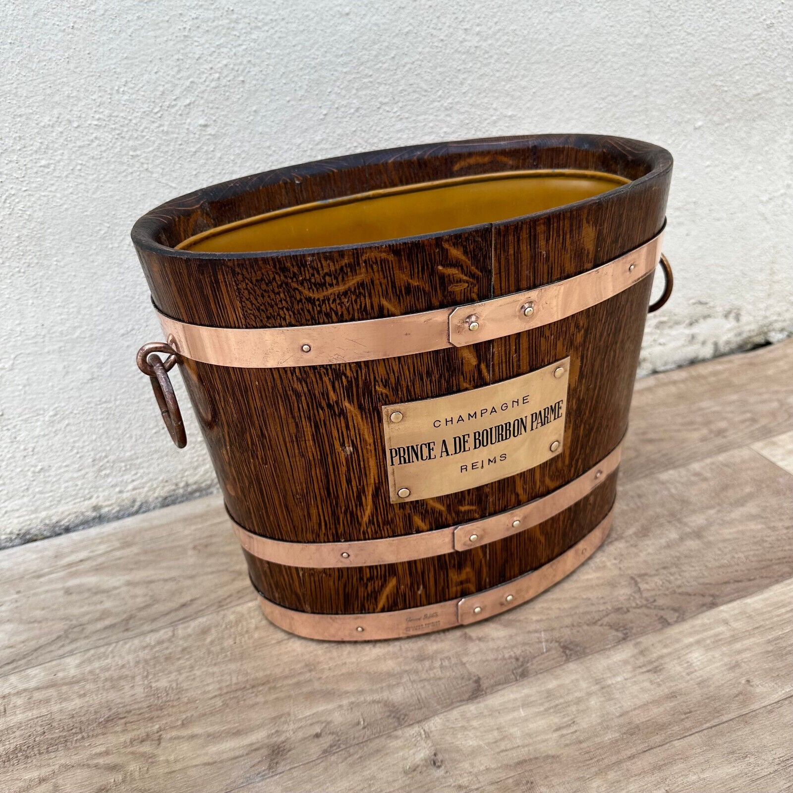 Vintage French Champagne Ice Bucket Cooler Made France WOOD BRASS 1805234 - Fleamarketfrance