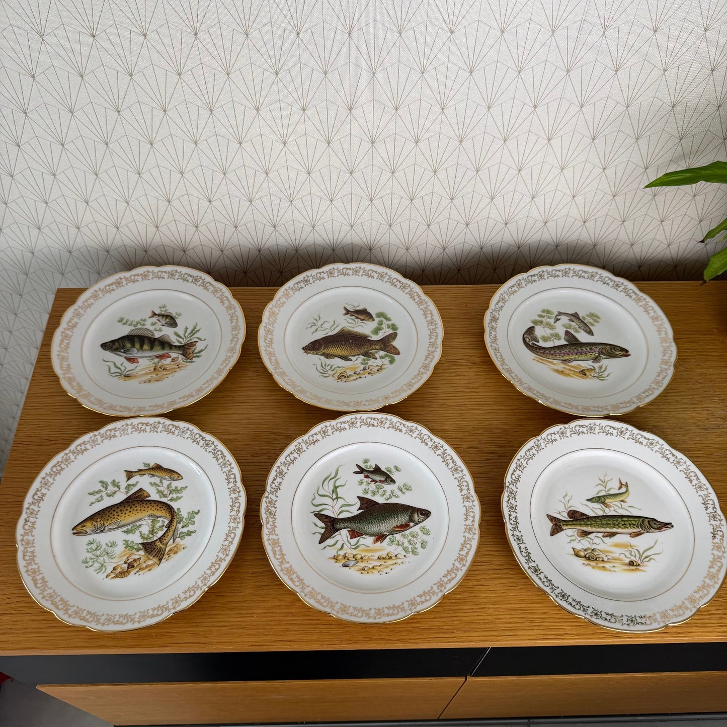 Vintage Bavarian Vintage set of 12 Fish Porcelain Dinner Plates tray 2710255