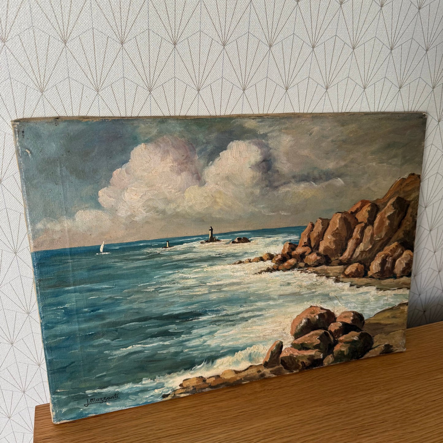 French Coastal Seascape Oil Painting Rocky Shore Lighthouse Vintage 1904256 Does Not Apply