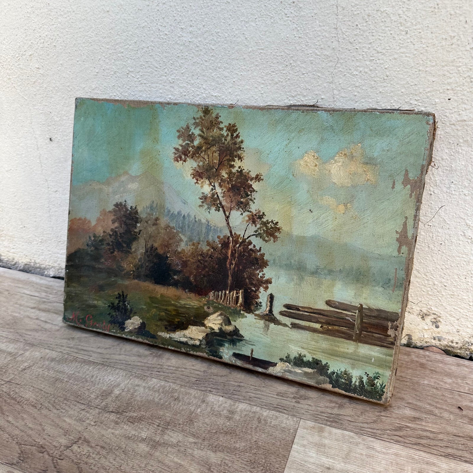 French Landscape Painting Oil Canvas Lake Mountain Signed c1950 24072315 Fleamarketfrance