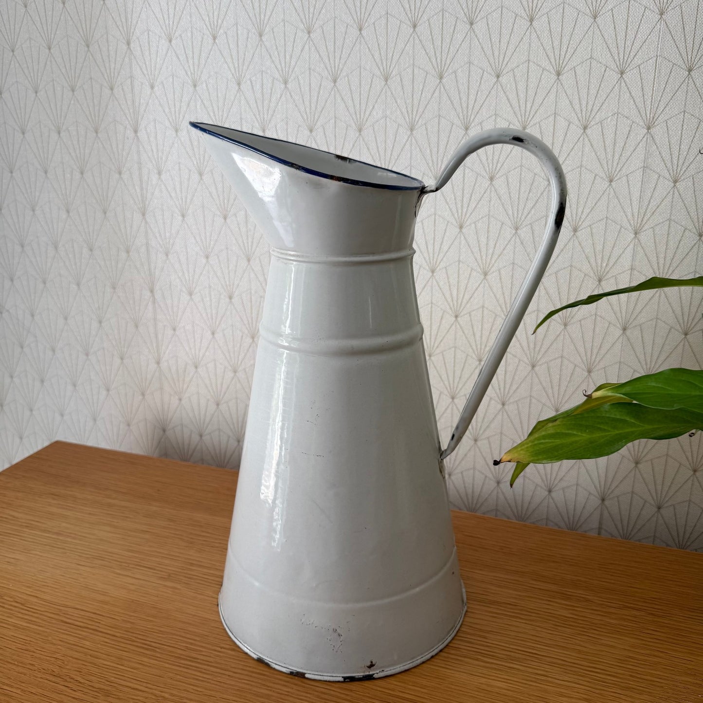 Antique French Enamel Pitcher White Blue Trim Water Jug Farmhouse 08072513 Fleamarketfrance